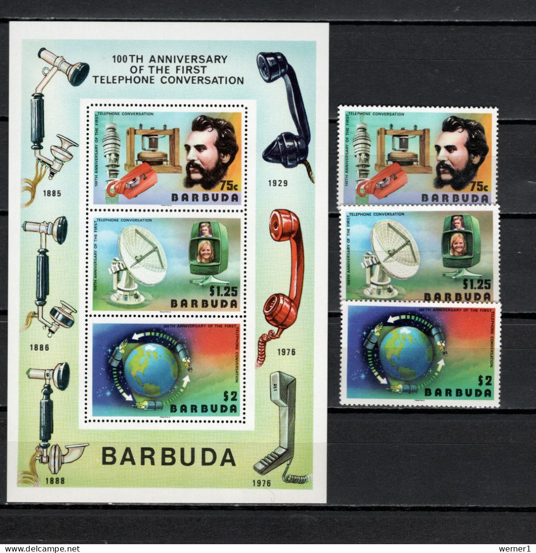 Barbuda 1977 Space Telephone Centenary Set Of 3 + S/s MNH - Nordamerika