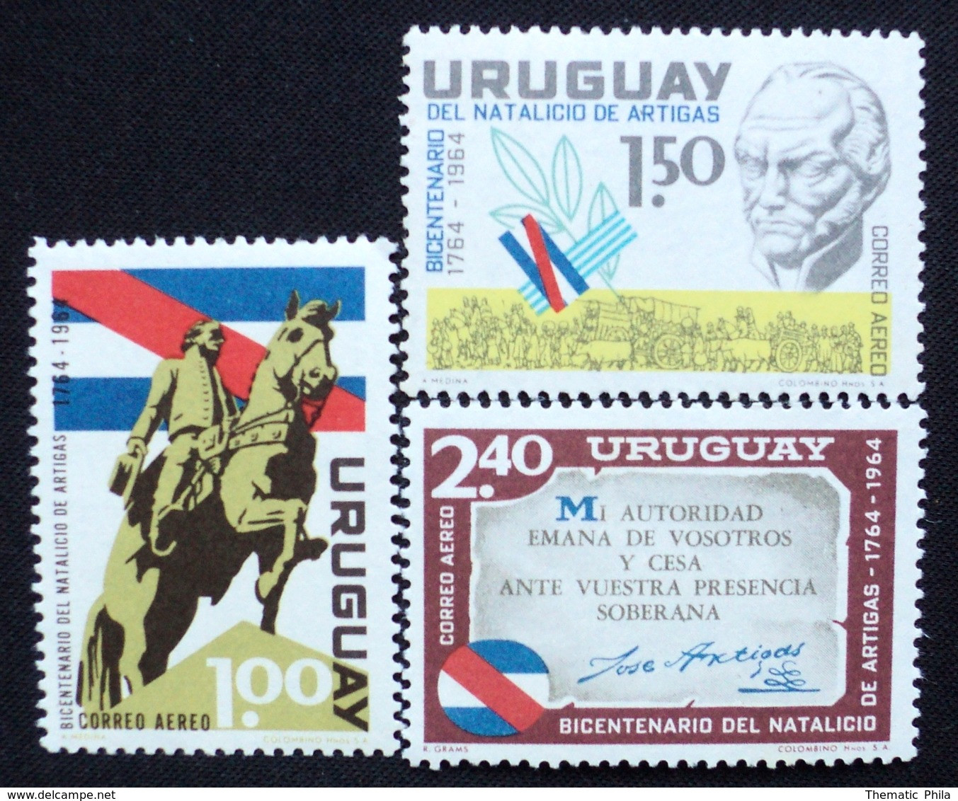 1965 URUGUAY New AIR MAIL Yvert A268/270 - Complete Set Hero Gral. Artigas Horse Cheval Pferd Caballo Statue Monument - Uruguay