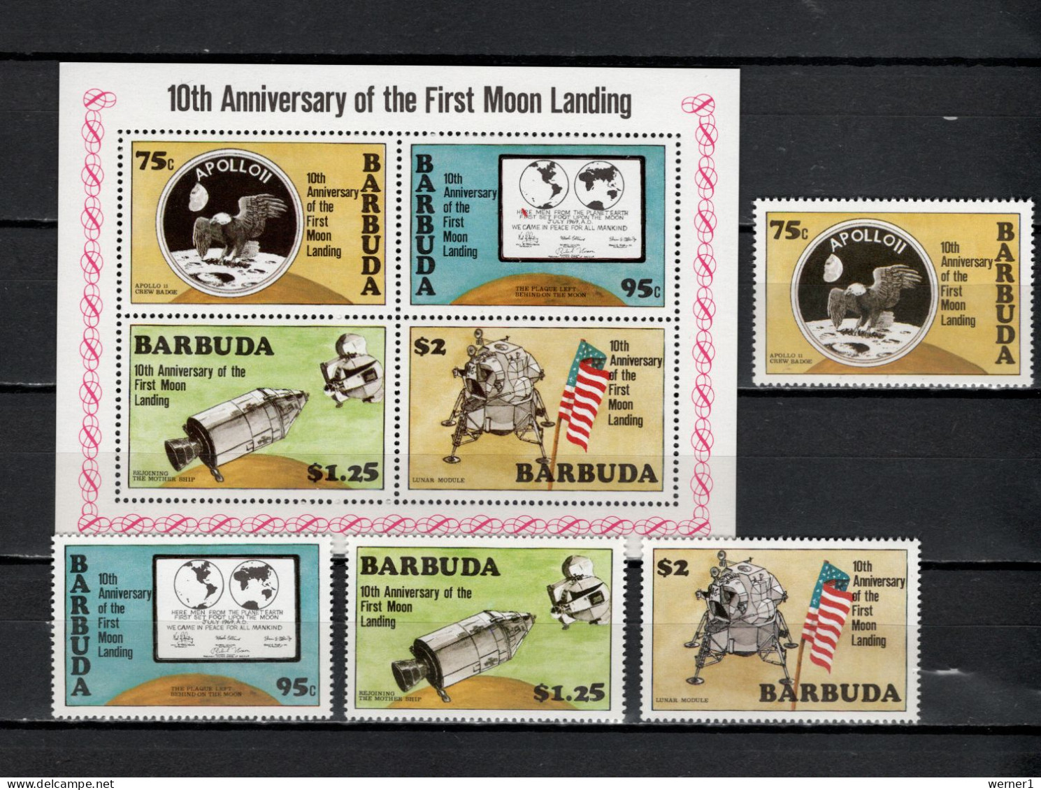 Barbuda 1980 Space, Apollo 11 Moonlanding 10th Anniversary Set Of 4 + S/s MNH - America Del Nord
