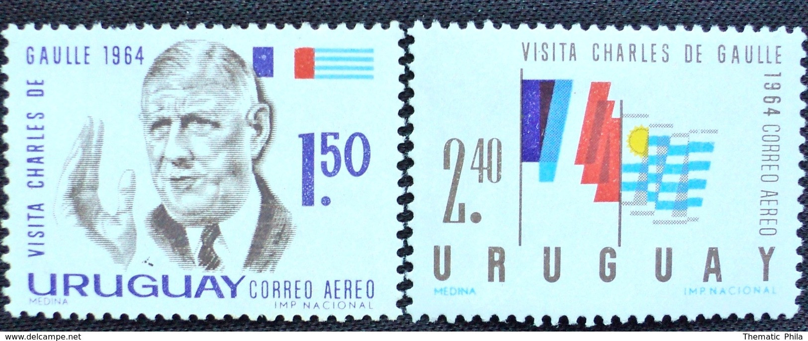 1964 URUGUAY New AIR MAIL Yvert A250/251  - Complete Set Charles De Gaulle France Flag Bandera Drapeau - Uruguay