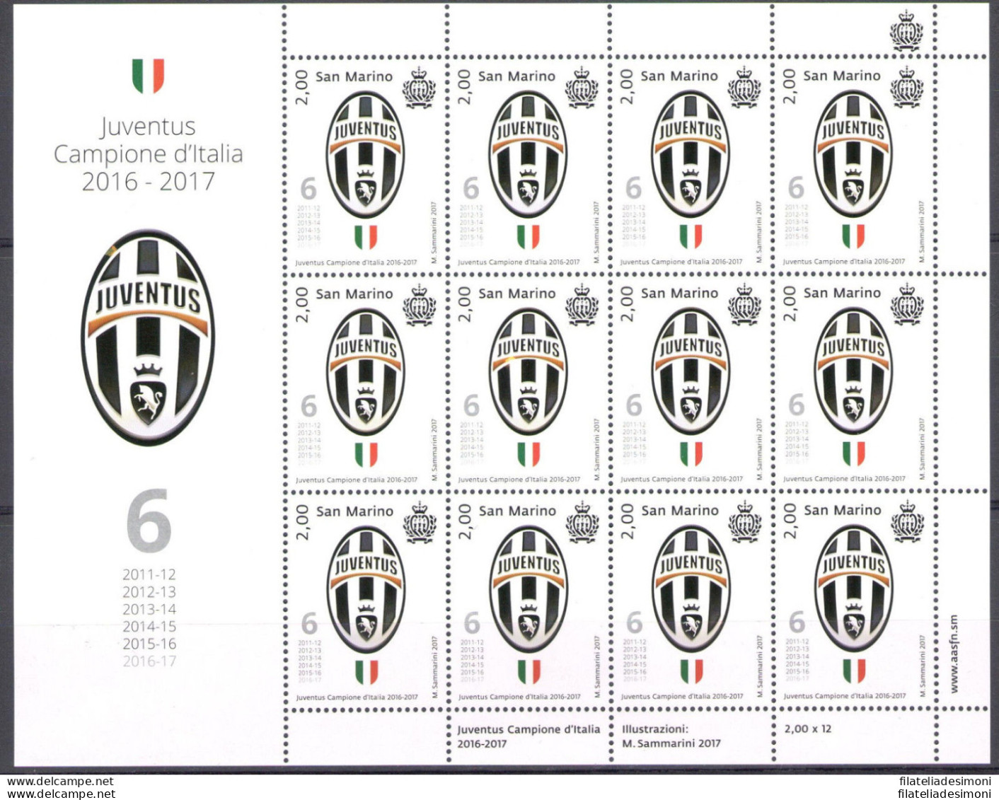 2017 San Marino, Juventus Campione D'Italia 2016-2017 Minifoglio 12 V MNH** - Blocks & Sheetlets