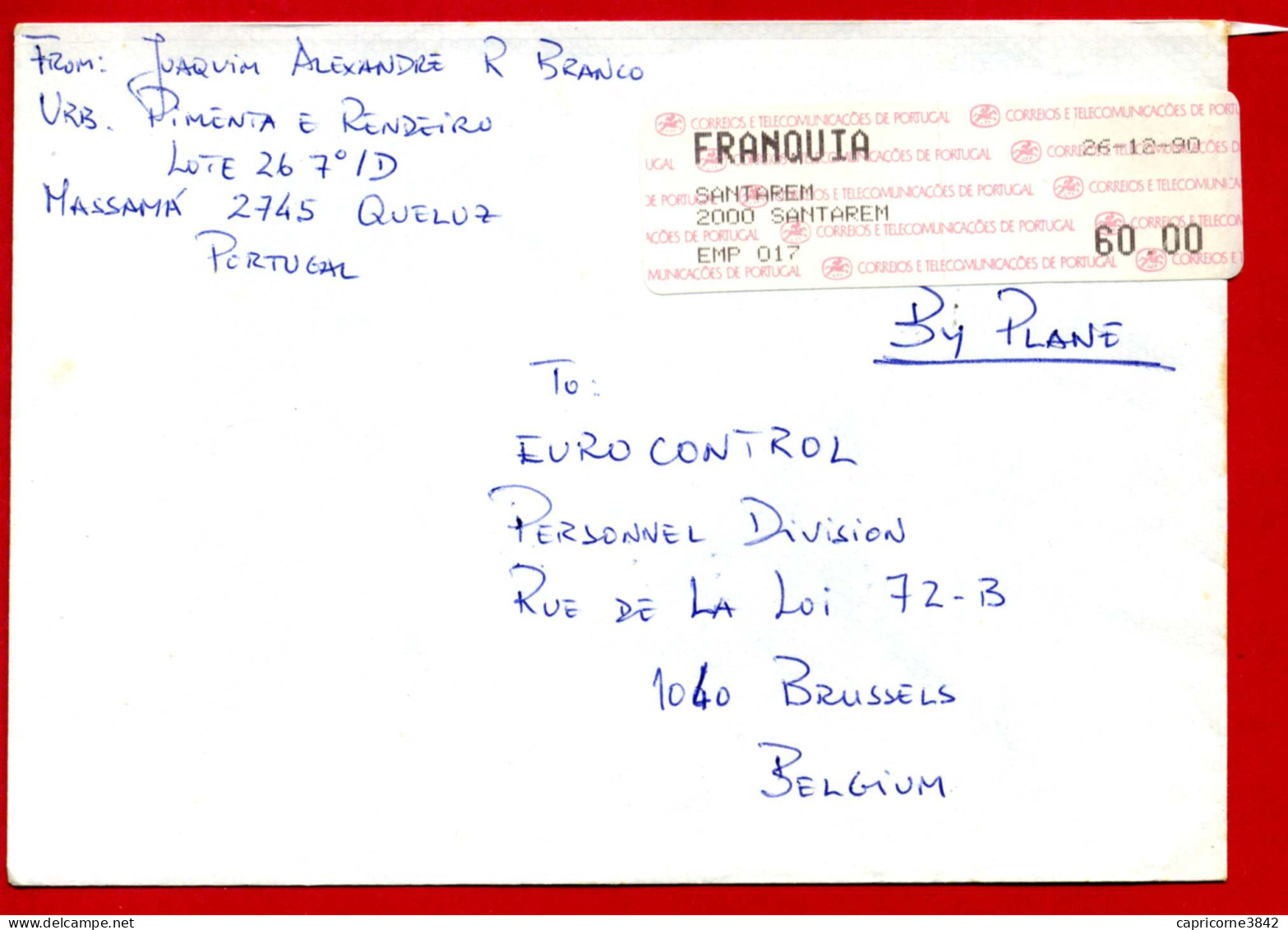 1990 - Portugal - Lettre Pour La Belgique - Vignette De Guichet FRANQUIA - Par Avion - Viñetas De Franqueo [ATM]