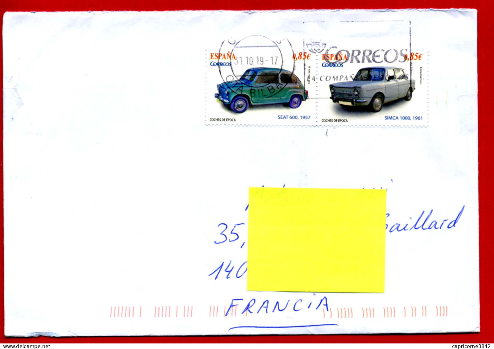 2019 - Espagne - Lettre De Bilbao - Voitures SEAT 600 Et SIMCA 1000 N° 4405 Et 4406 - Brieven En Documenten