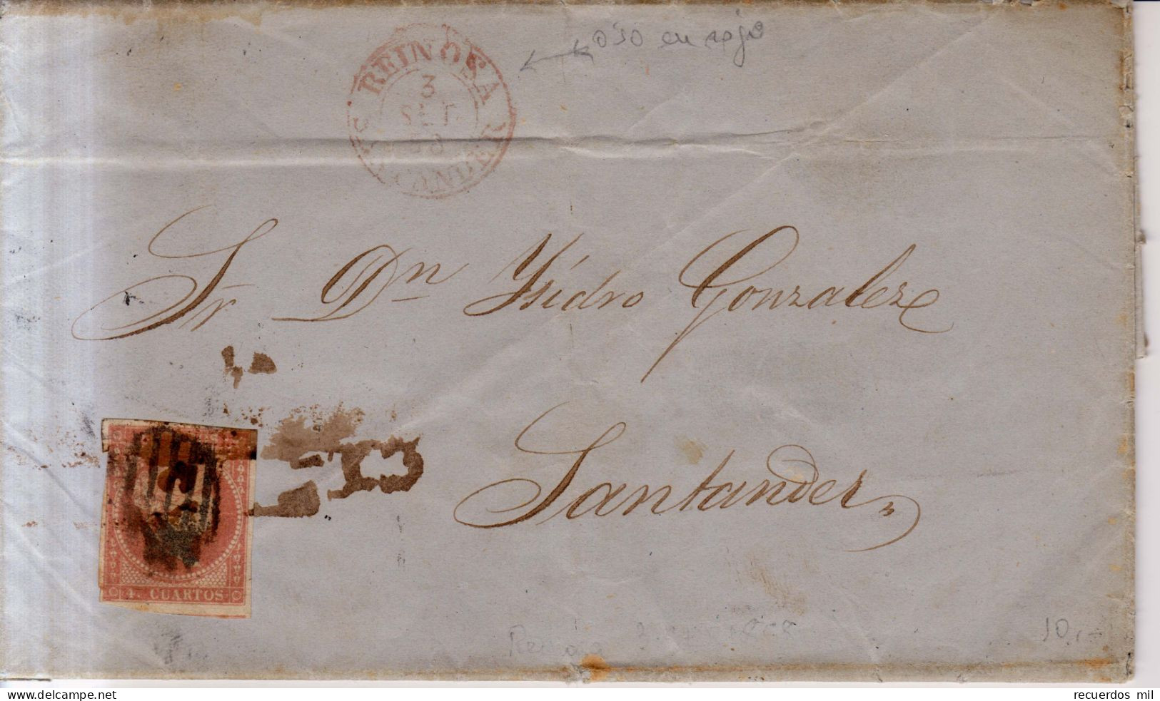 Año 1856 Edifil 48 Isabel II Carta + Factura Matasellos Rejilla Y Rojo Reinosa Santander Avellanos - Covers & Documents