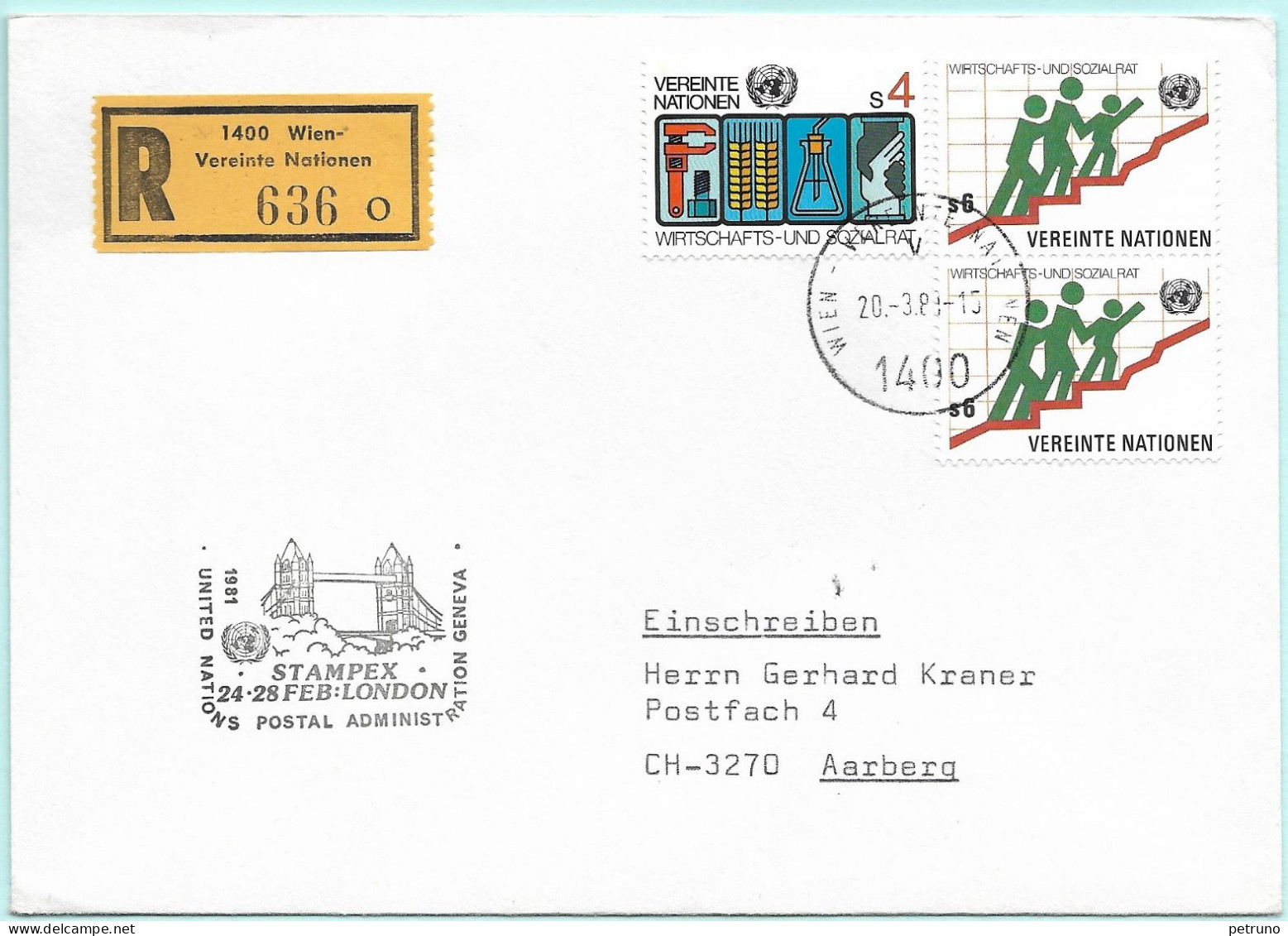 UNO-Wien R-Brief Stampex London GB Erinnerungsstempel MI-No 98 - Briefe U. Dokumente