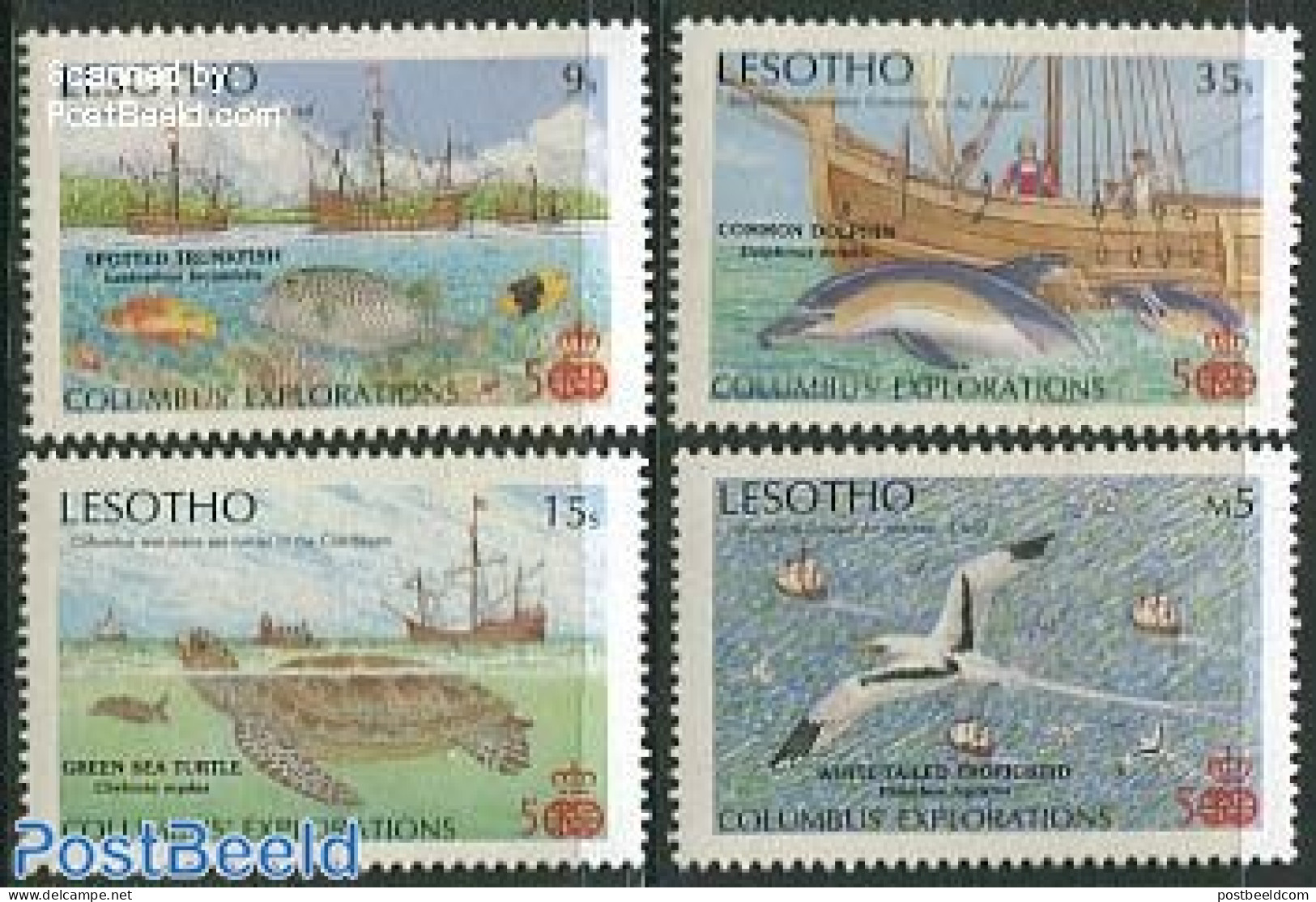 Lesotho 1987 Discovery Of America 4v, Mint NH, History - Nature - Transport - Explorers - Fish - Reptiles - Sea Mammal.. - Explorateurs