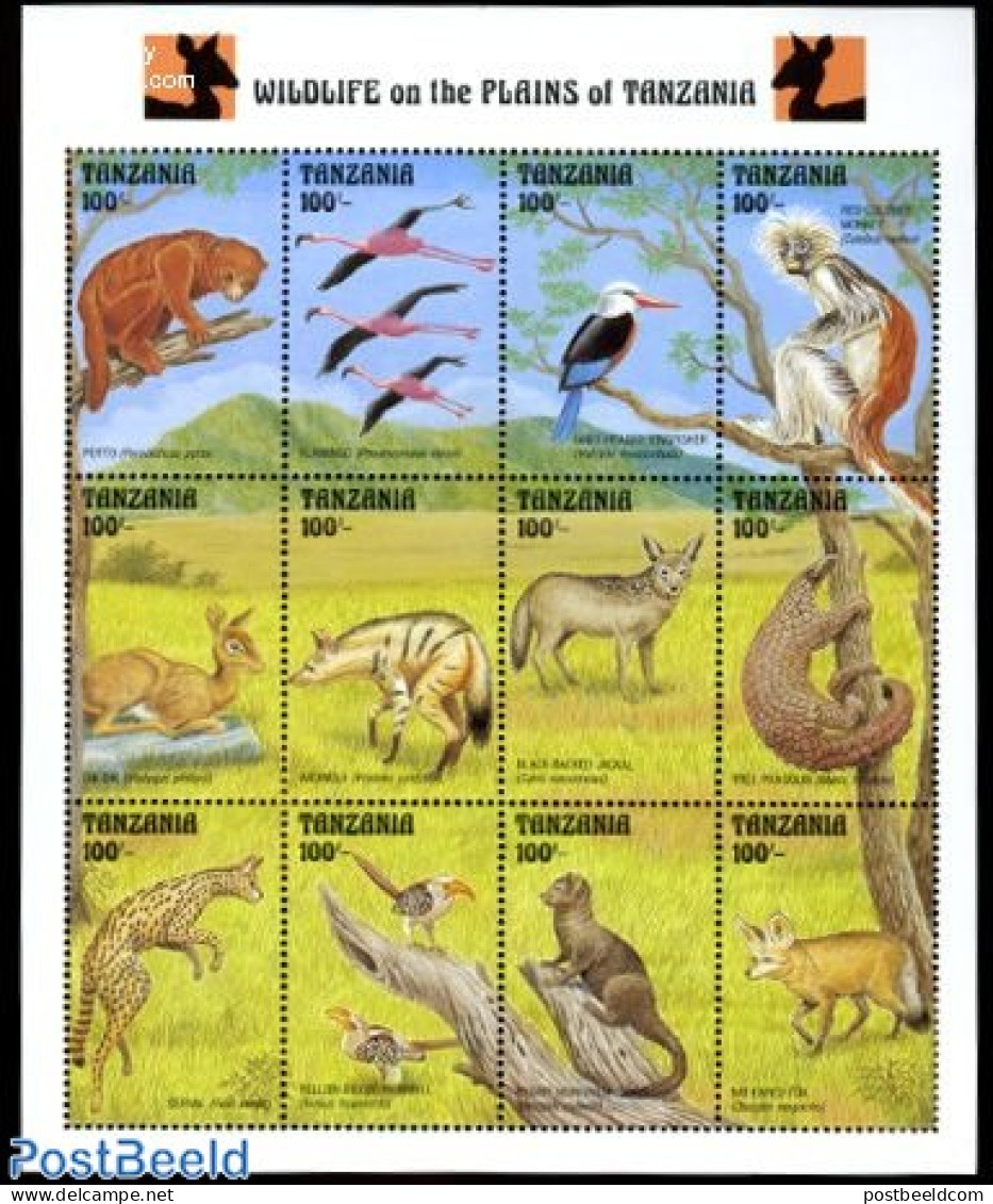 Tanzania 1993 Animals 12v M/s, Mint NH, Nature - Animals (others & Mixed) - Birds - Cat Family - Monkeys - Kingfishers.. - Tanzania (1964-...)