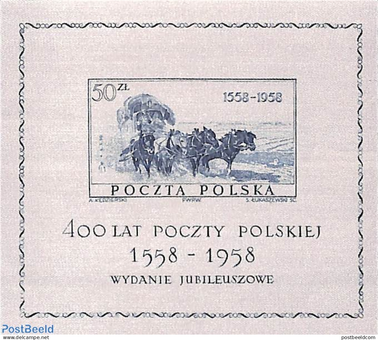 Poland 1958 Polish Post S/s (silk), Mint NH, Nature - Various - Horses - Post - Other Material Than Paper - Textiles - Unused Stamps