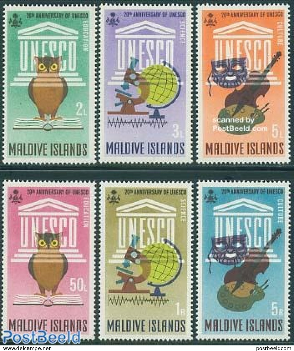 Maldives 1966 20 Years UNESCO 6v, Mint NH, History - Nature - Performance Art - Unesco - Owls - Music - Musical Instru.. - Música