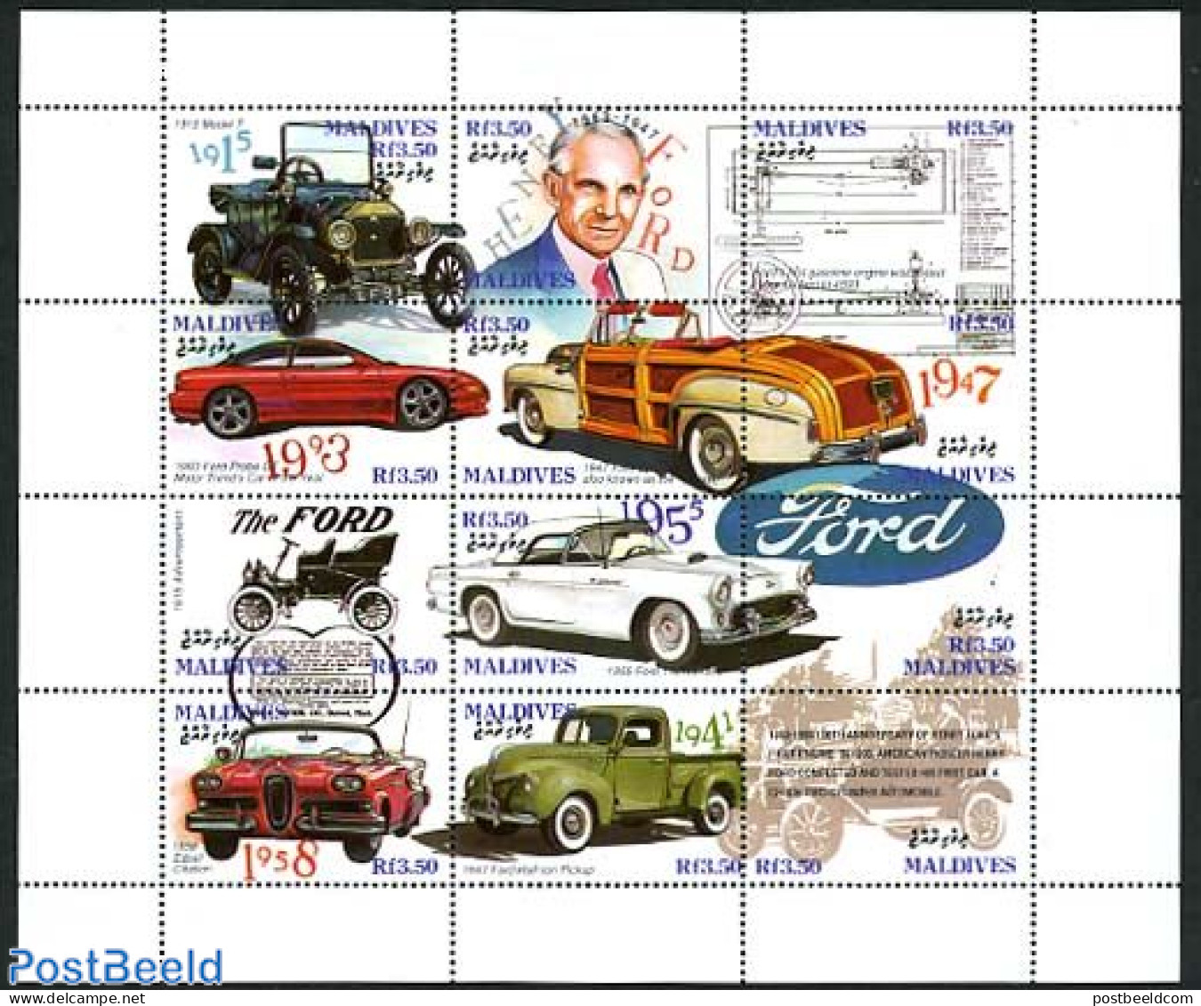 Maldives 1993 100 Years Ford 12v M/s, Mint NH, Transport - Automobiles - Autos