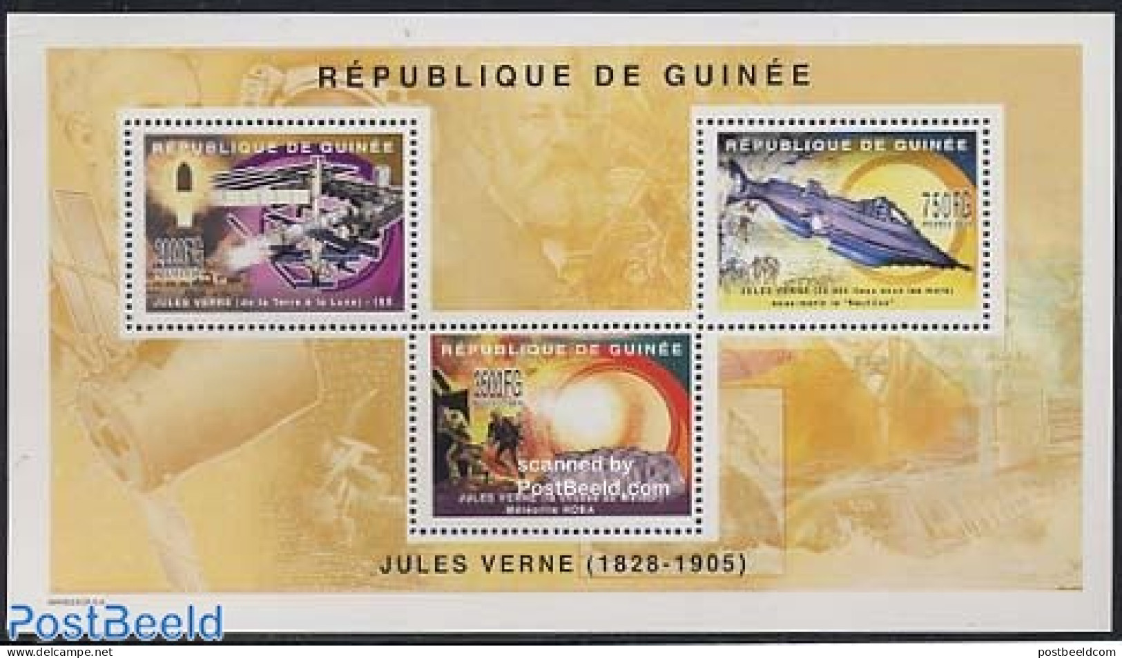 Guinea, Republic 2004 Jules Verne 3v M/s, Mint NH, Transport - Space Exploration - Art - Authors - Jules Verne - Scien.. - Ecrivains