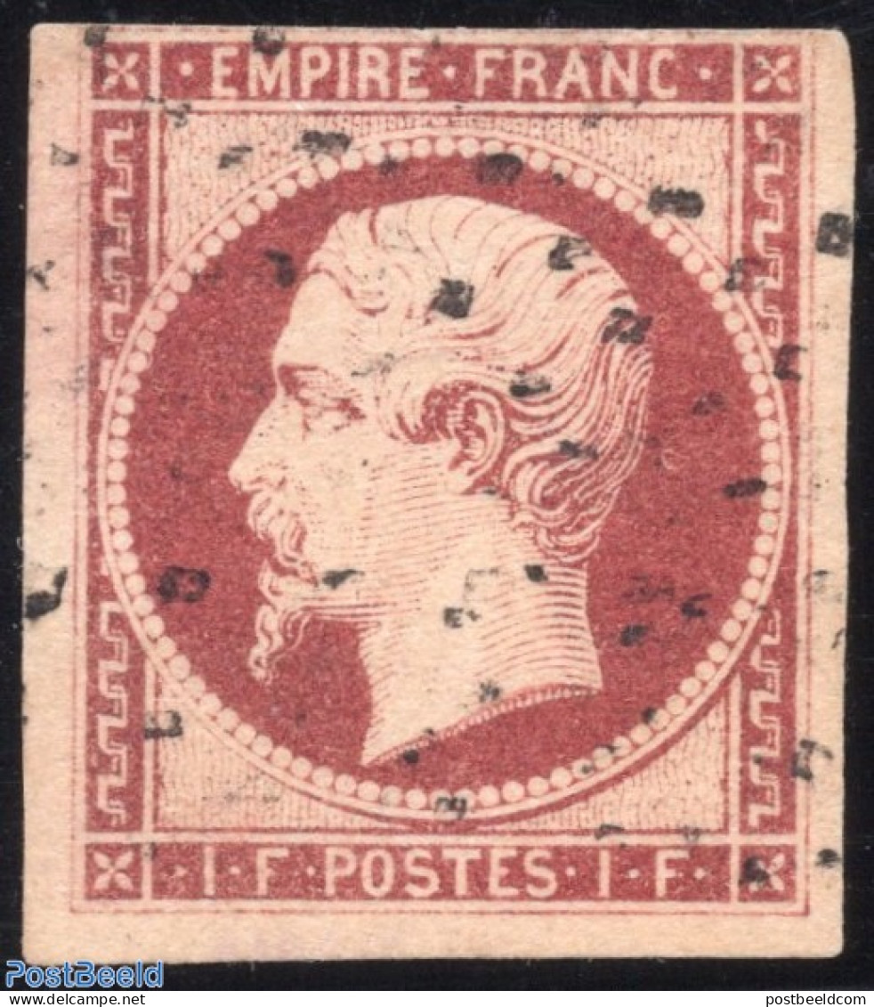 France 1854 1Fr, Dark Carmin, Short At Top, Used, Used Or CTO - Gebruikt