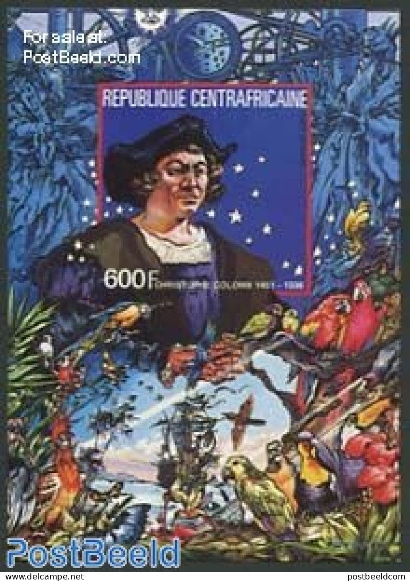 Central Africa 1985 Columbus S/s, Imperforated, Mint NH, History - Nature - Transport - Explorers - Birds - Parrots - .. - Explorateurs