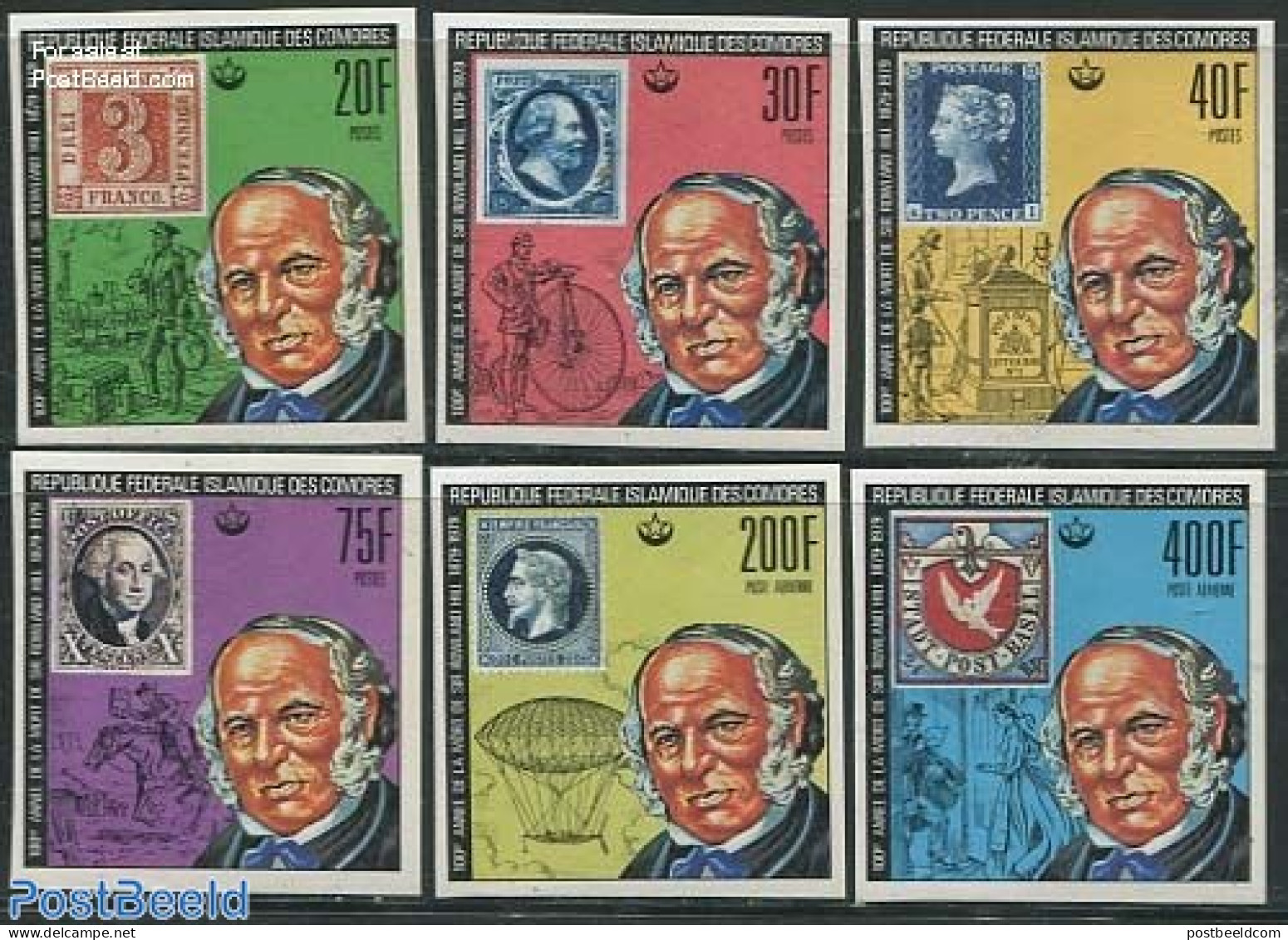 Comoros 1978 Sir Rowland Hill 6v, Imperforated, Mint NH, Sir Rowland Hill - Stamps On Stamps - Rowland Hill
