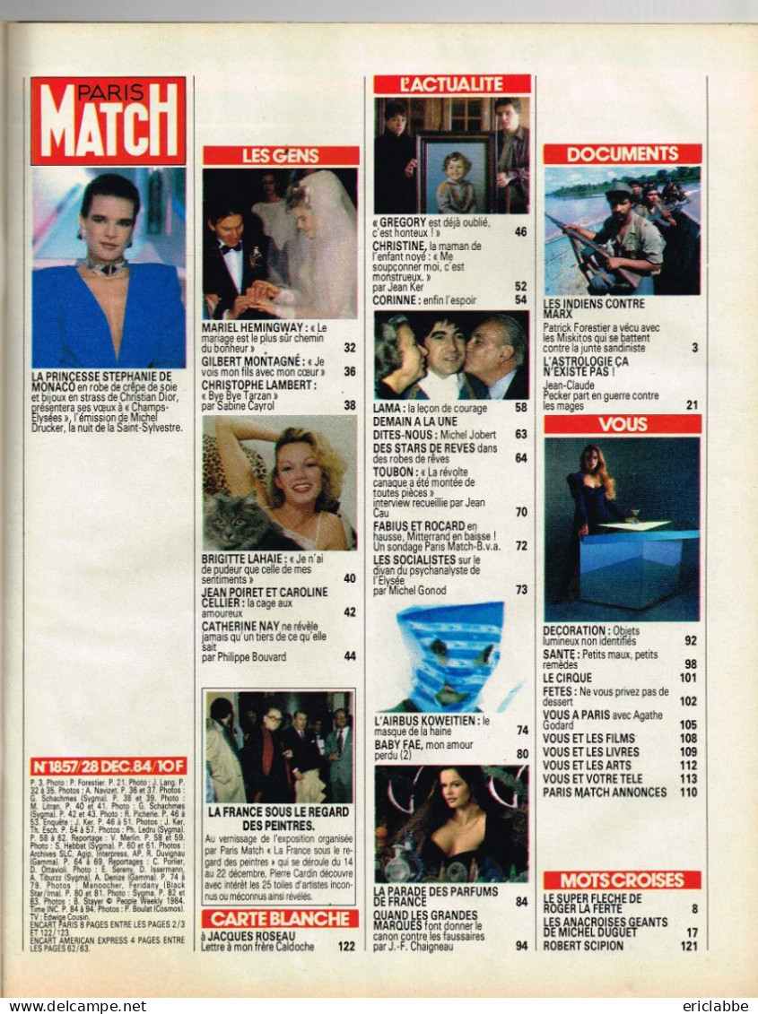 PARIS MATCH N°1857 Du 28 Décembre 1984 Stéphanie De Monaco - Gregory - Lama - Corinne : Un Bébé De Son Mari Mort - Informations Générales