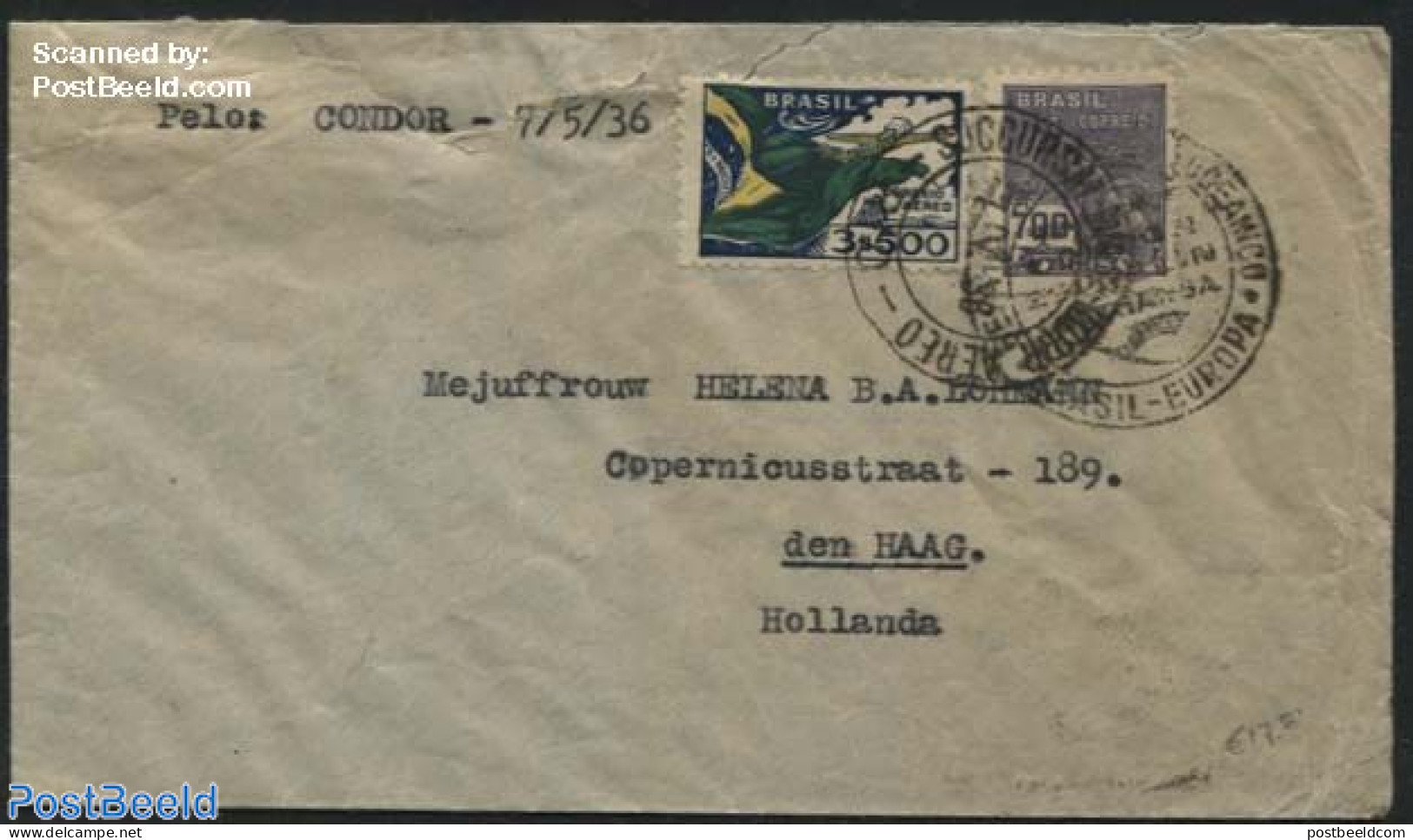 Brazil 1936 Letter From Brazil To The Hague, Postal History - Lettres & Documents