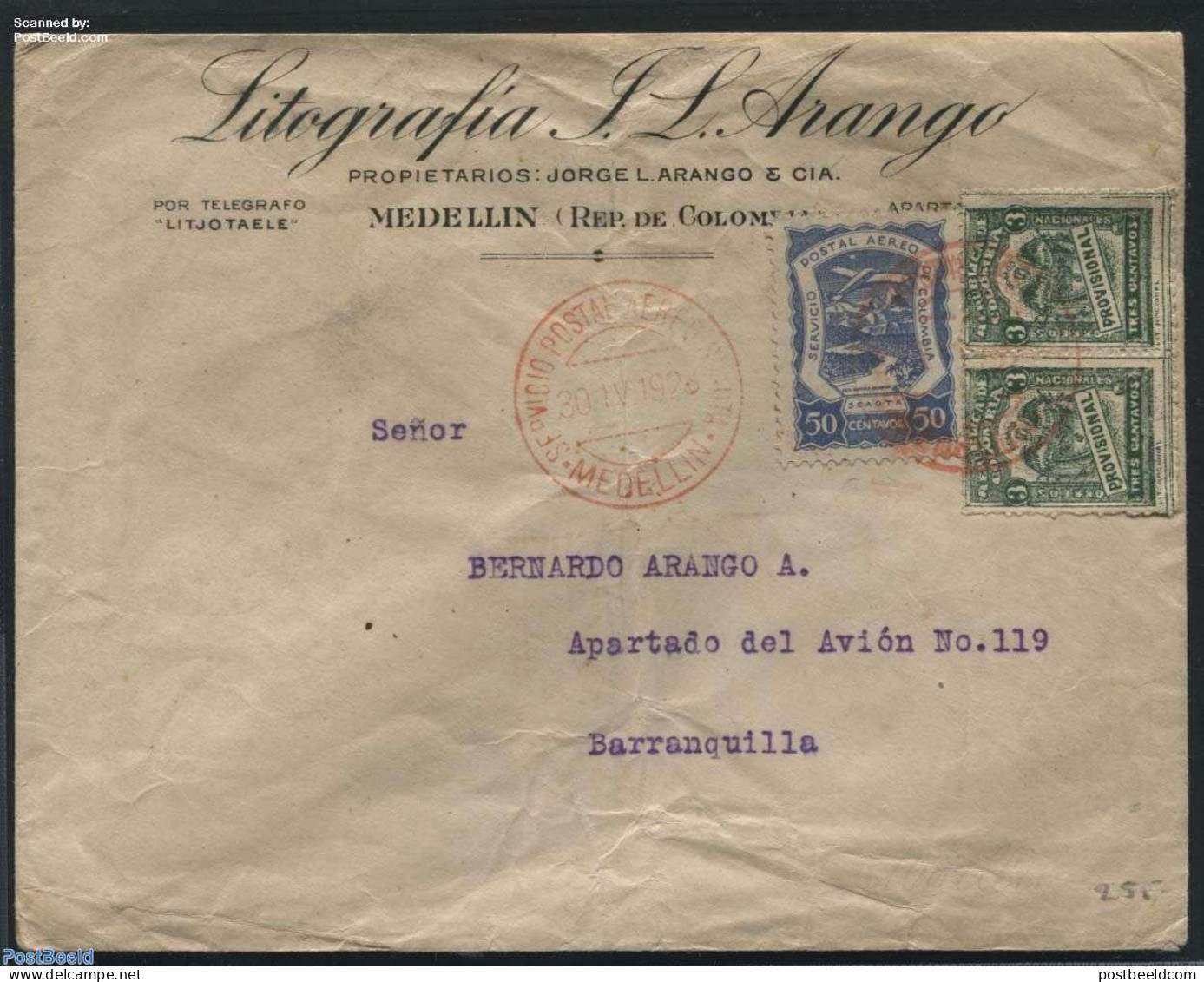 Colombia 1928 Airmail Letter To Barranquilla, Postal History - Colombia
