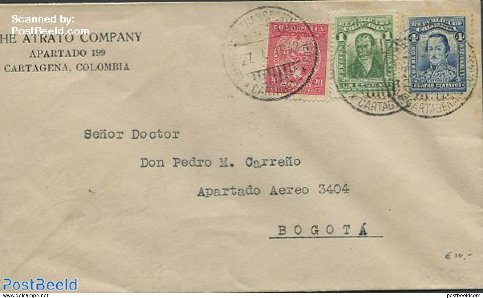 Colombia 1932 Envelope From Cartagena To Bogota, Postal History - Colombia