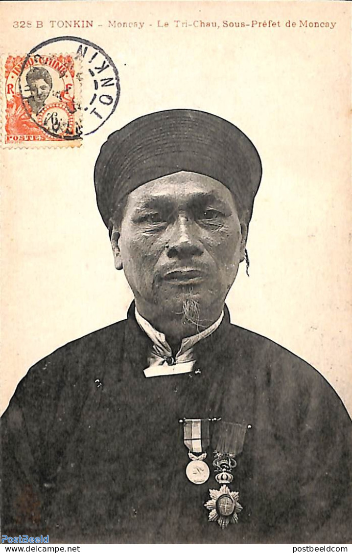 French Indochina 1909 Postcard Man With Decorations With Stamp On Front To USA, Postal History, History - Decorations - Militaria