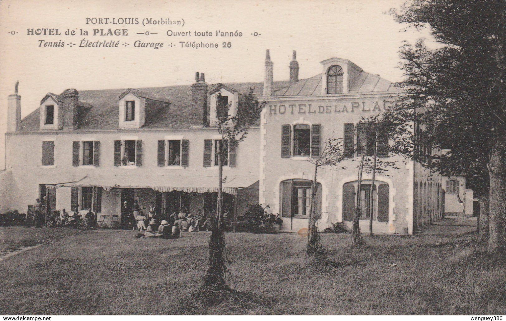 56 PORT-LOUIS      HOTEL DE LA PLAGE  Tennis-Electricité-Garage   Telephone 26   TB PLAN Env. 1930  Voir Verso. RARE - Port Louis