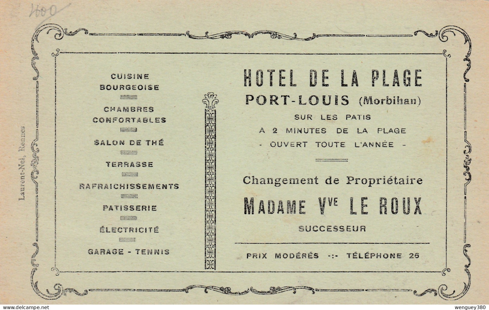 56 PORT-LOUIS      HOTEL DE LA PLAGE  Tennis-Electricité-Garage   Telephone 26   TB PLAN Env. 1930  Voir Verso. RARE - Port Louis