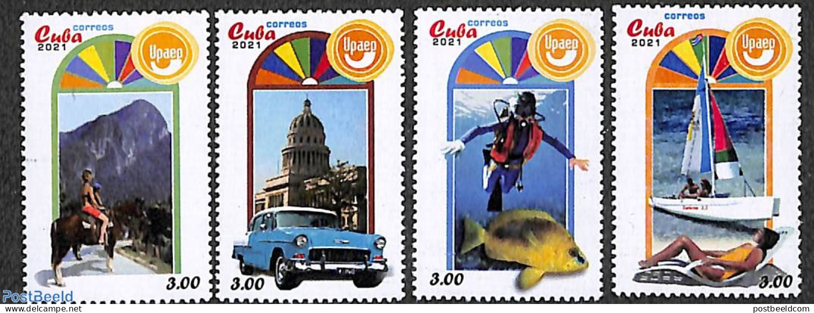 Cuba 2021 UPAEP, Tourism 4v, Mint NH, Nature - Sport - Transport - Various - Fish - Horses - Diving - Sailing - U.P.A... - Ongebruikt