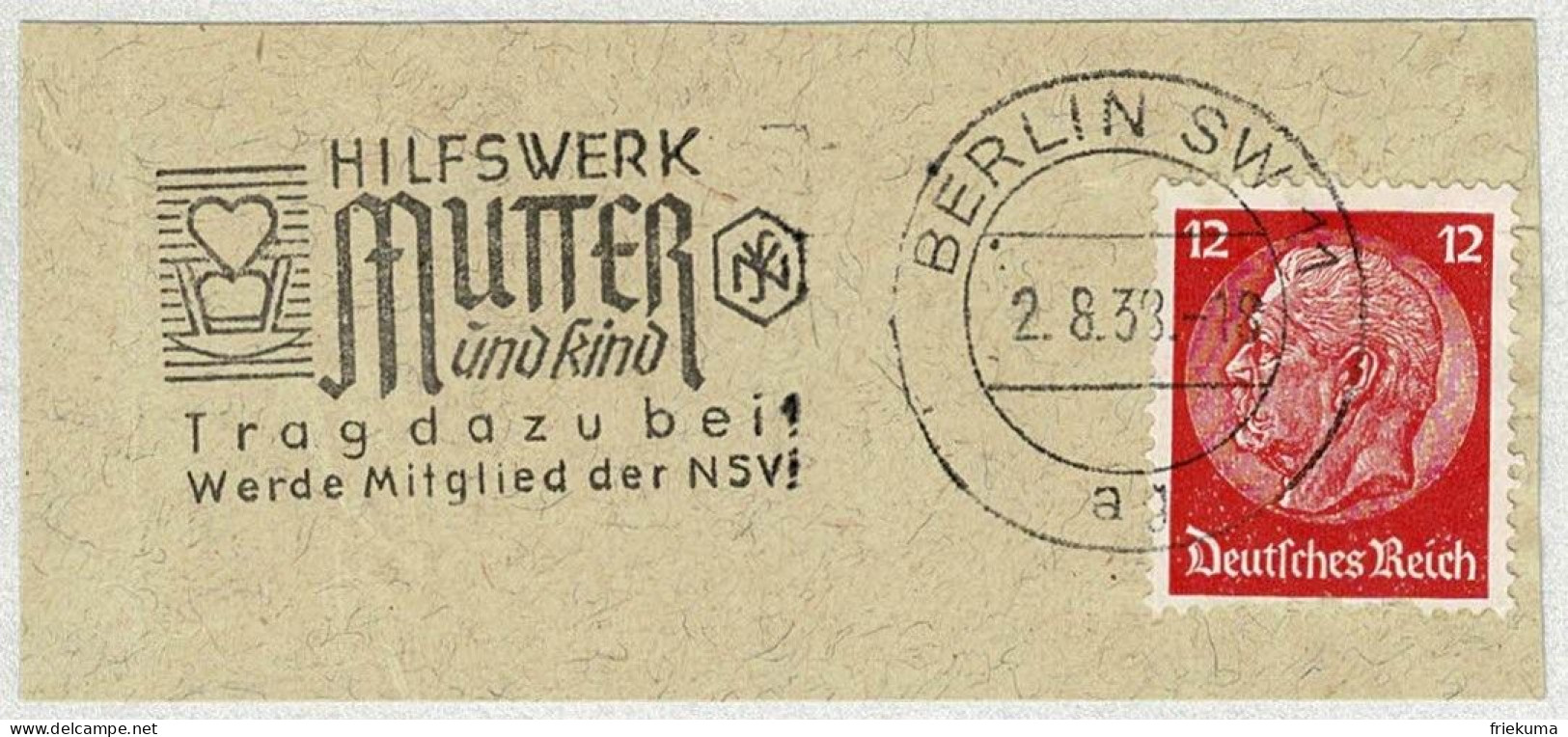 Deutsches Reich 1938, Flaggenstempel Hilfswerk Mutter Und Kind Berlin, Mère Et Enfant / Mother And Child, Wiege - Sonstige & Ohne Zuordnung