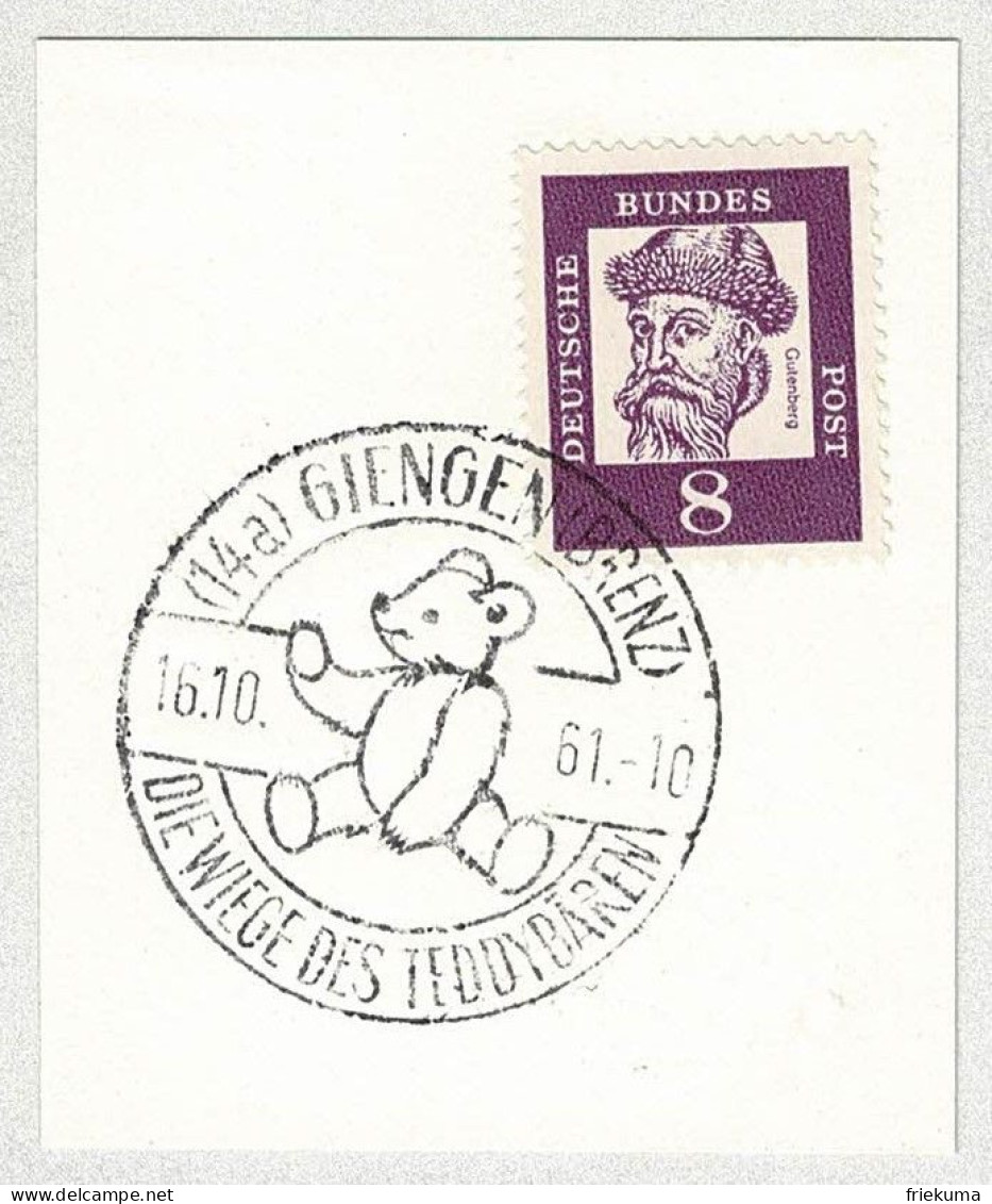 Deutsche Bundespost 1961, Ortswerbestempel Giengen, Teddybären / Ours En Peluche / Teddy Bears - Sonstige & Ohne Zuordnung