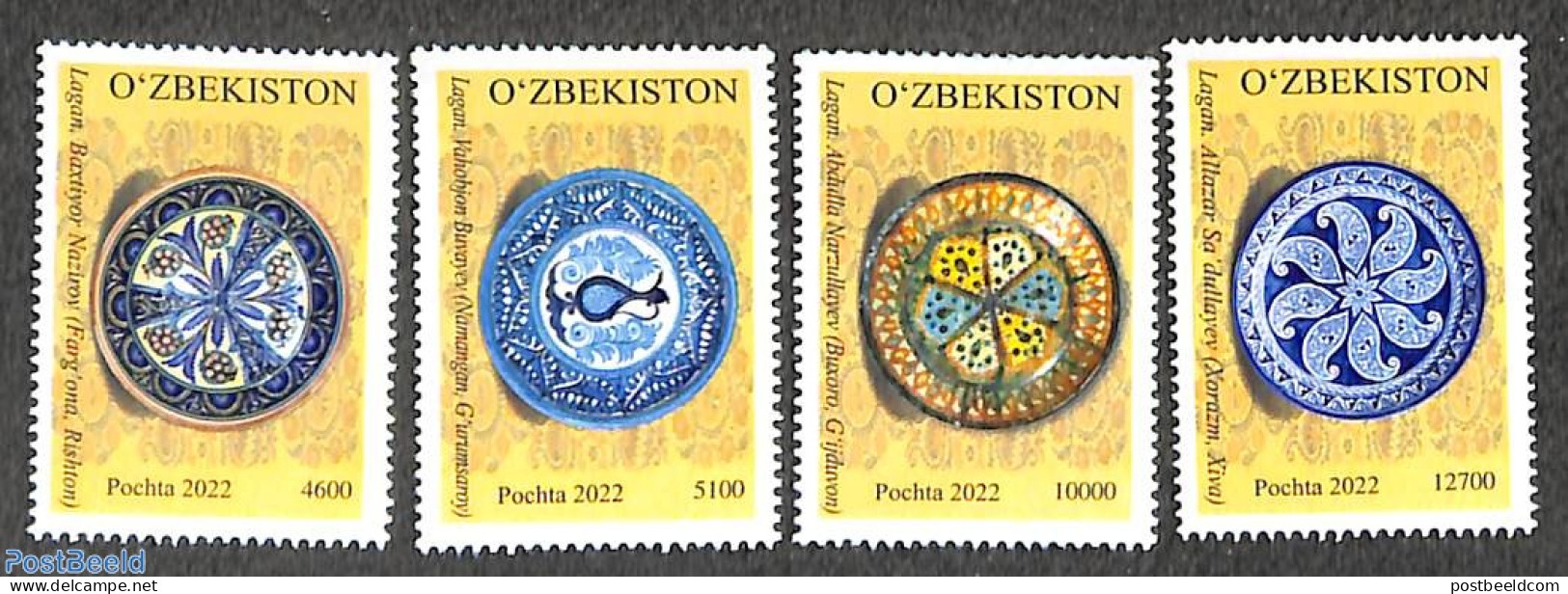 Uzbekistan 2022 Tradional Plates 4v, Mint NH, Art - Ceramics - Porcelaine