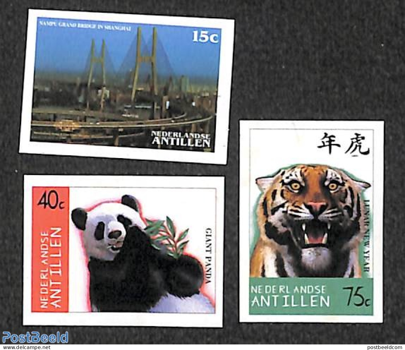Netherlands Antilles 1997 Shanghai 97 3v, Imperforated, Mint NH, Nature - Animals (others & Mixed) - Cat Family - Art .. - Ponts
