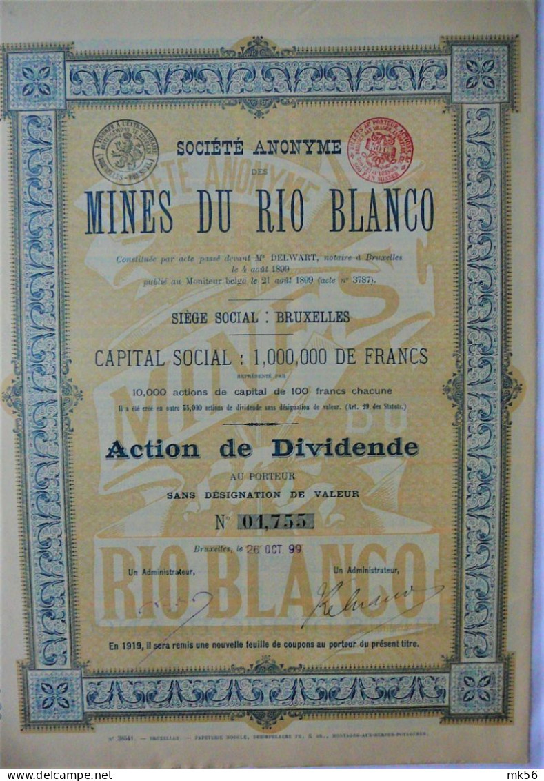 S.A. Mines Du Rio Blanco - Action De Dividende (1899 !!) - Bruxelles - Bergbau