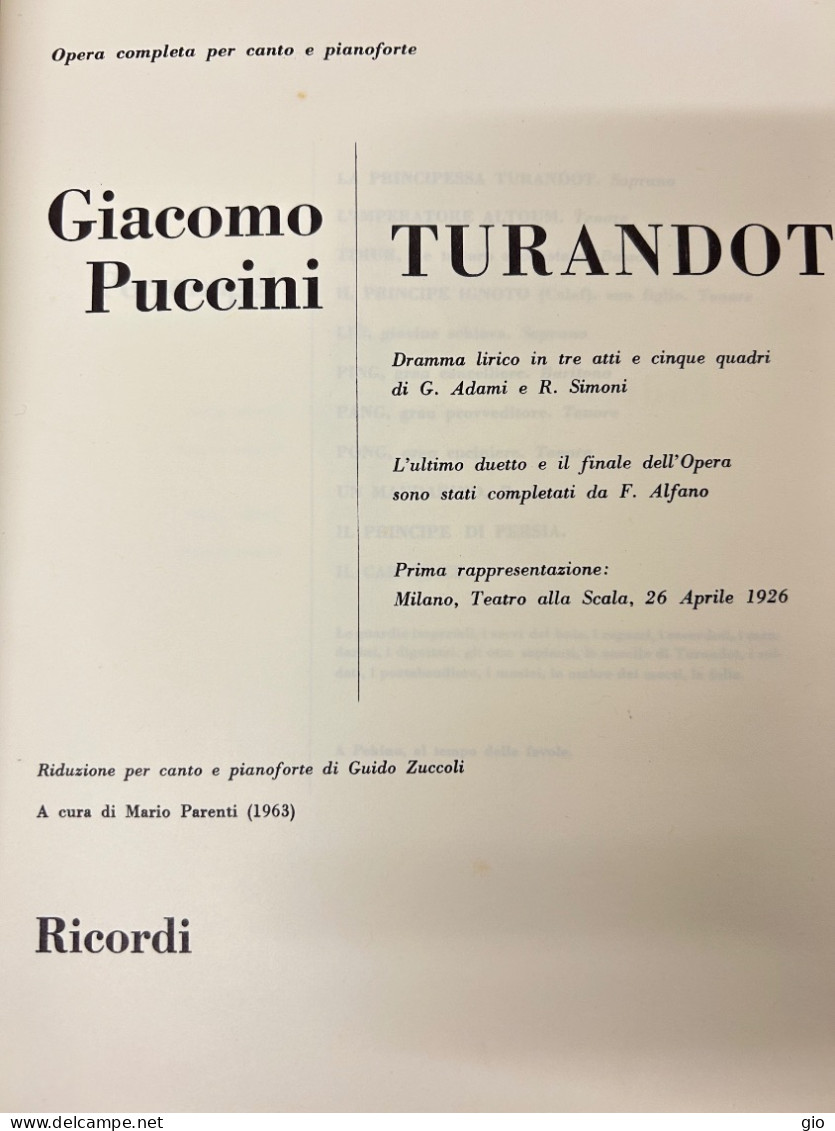 Tourandot - Giacomo Puccini - Opera Per Canto E Pianoforte- Ricordi 1963 - Musikinstrumente