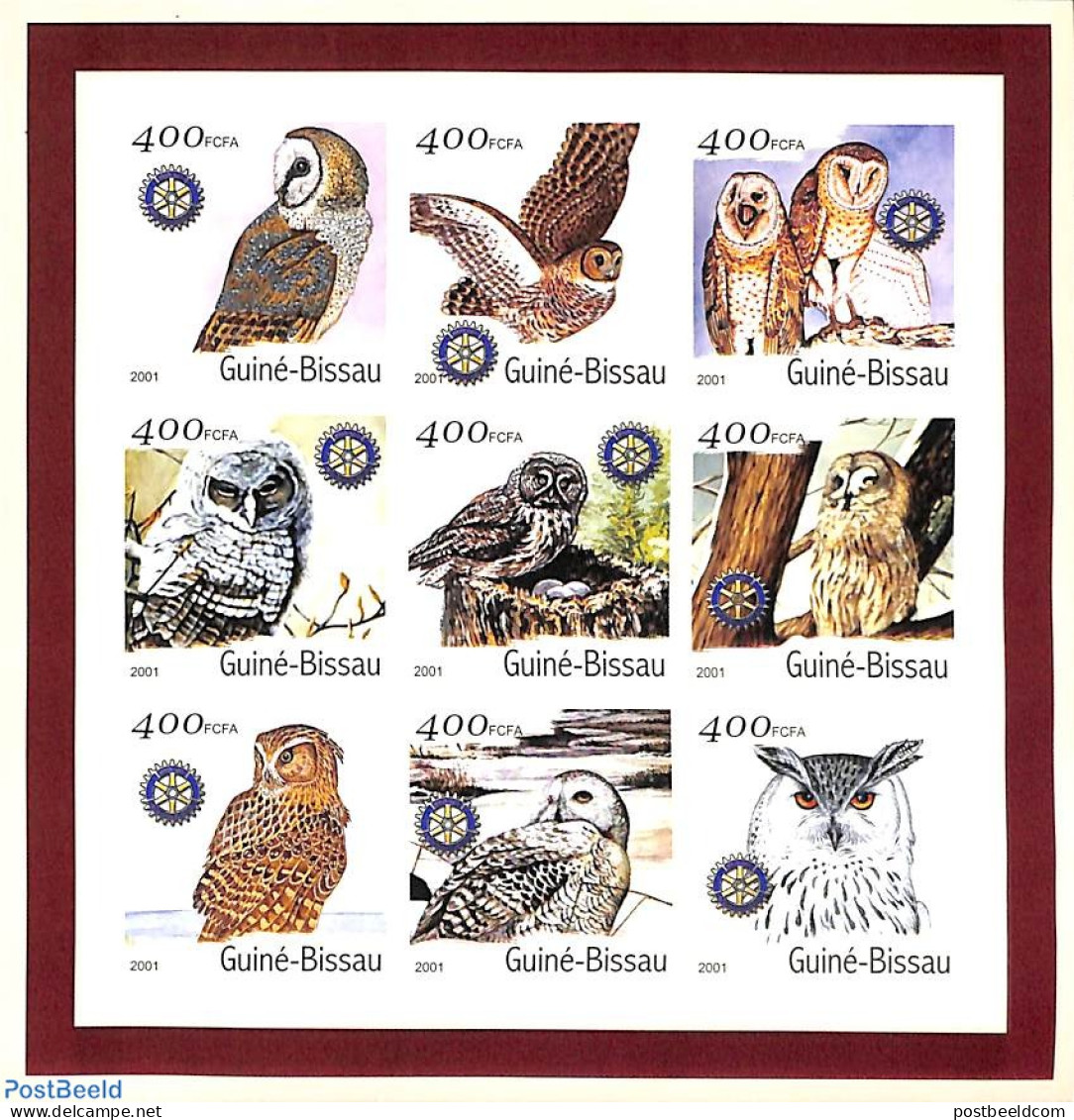 Guinea Bissau 2001 Owls, Rotary 9v M/s, Imperforated, Mint NH, Nature - Various - Birds - Owls - Rotary - Rotary, Club Leones