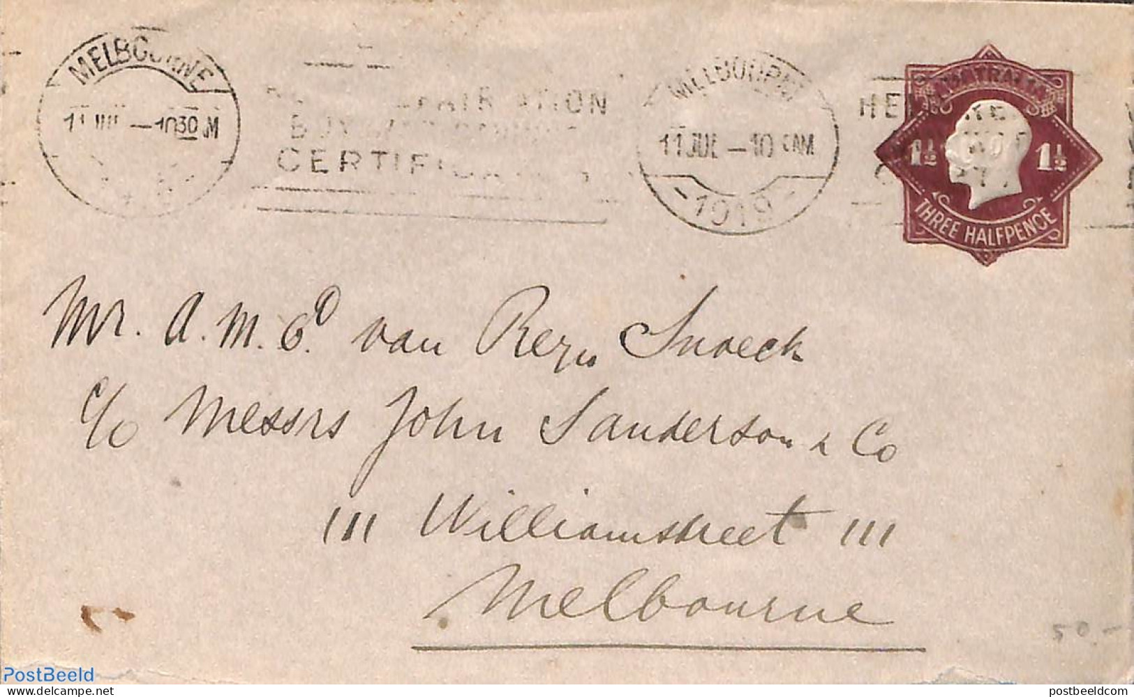 Australia 1919 Envelope 1.5d Sent Within Melbourne, Used Postal Stationary - Briefe U. Dokumente