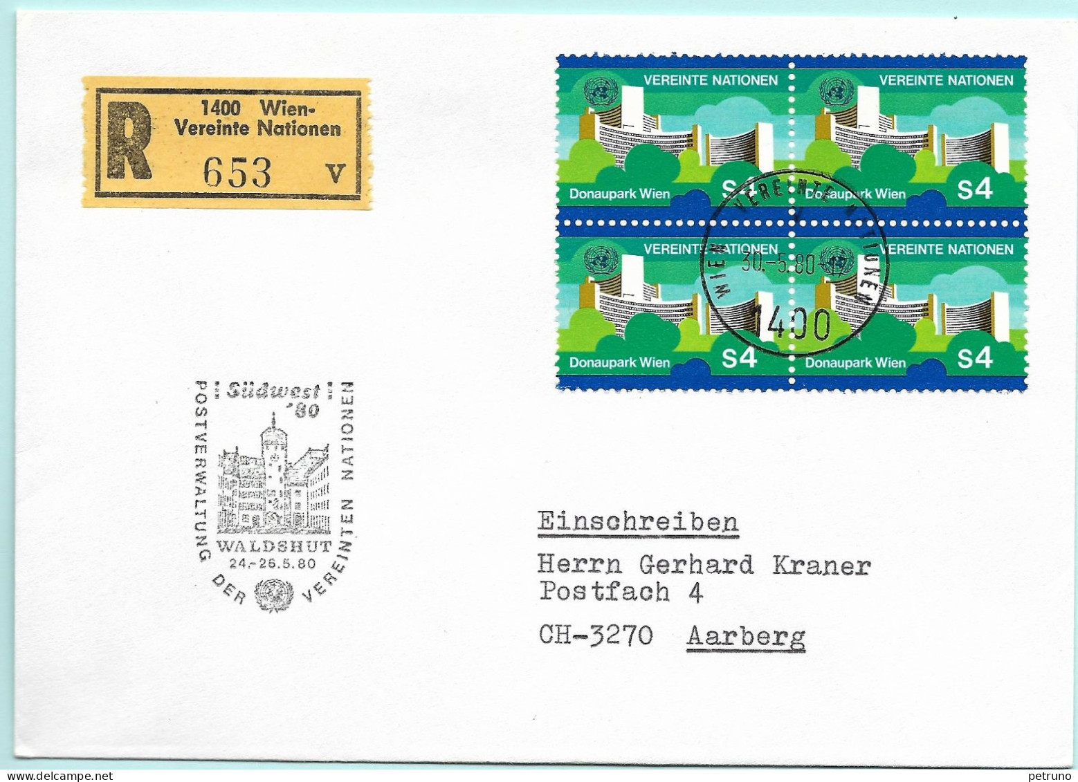 UNO-Wien R-Brief Südwest 80 Waldshut D Erinnerungsstempel MI-No 04 - Covers & Documents