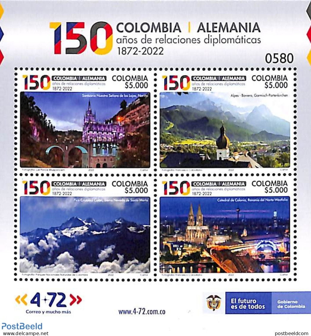 Colombia 2022 Diplomatic Relations With Germany 4v M/s, Mint NH, History - Religion - Germans - Churches, Temples, Mos.. - Iglesias Y Catedrales