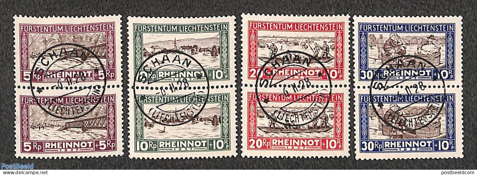 Liechtenstein 1928 Flooding Fund 4v, Pairs CTO, Used Stamps, History - Transport - Ships And Boats - Art - Bridges And.. - Gebruikt
