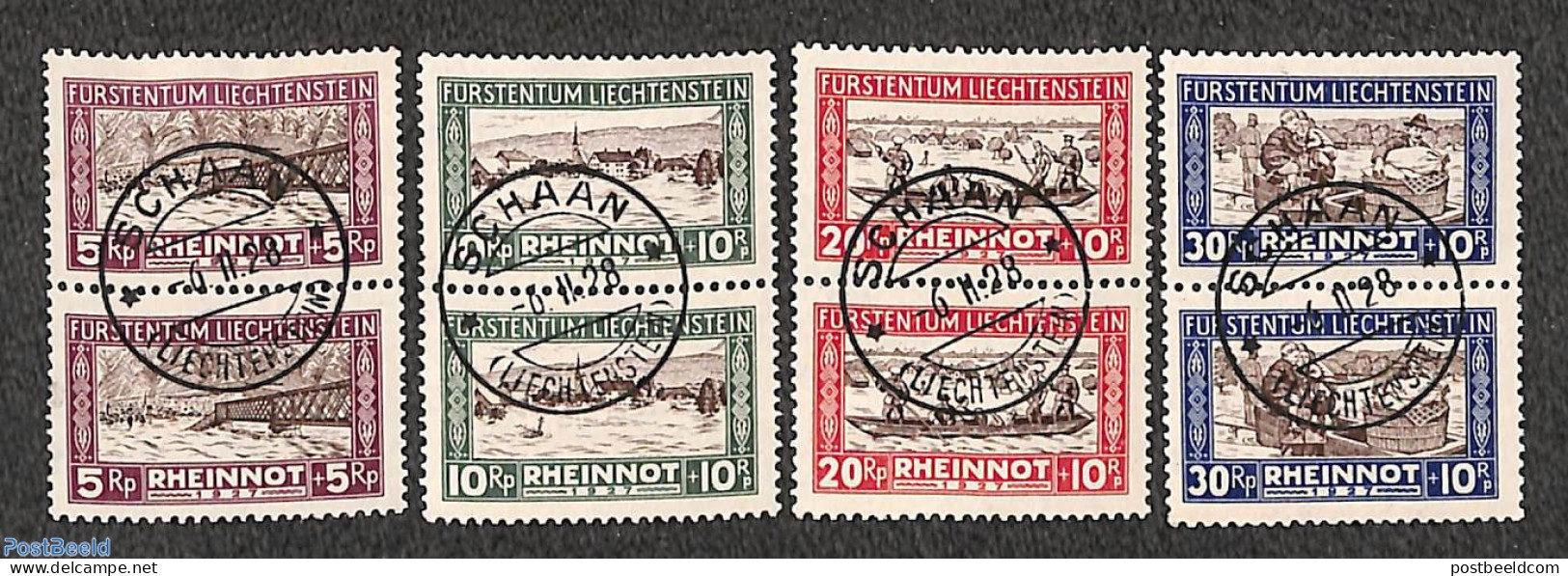 Liechtenstein 1928 Flooding Fund 4v, Pairs CTO, Used Stamps, History - Transport - Ships And Boats - Art - Bridges And.. - Used Stamps