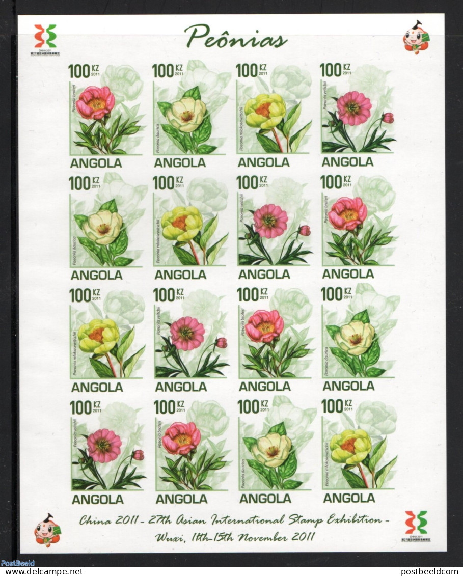 Angola 2011 Peonies 16v M/s Imperforated, Mint NH, Nature - Flowers & Plants - Angola