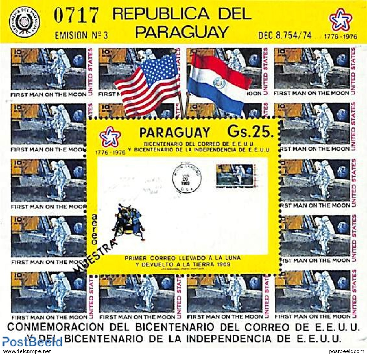 Paraguay 1976 Moon Letter S/s SPECIMEN (Muestra), Mint NH, Transport - Space Exploration - Paraguay