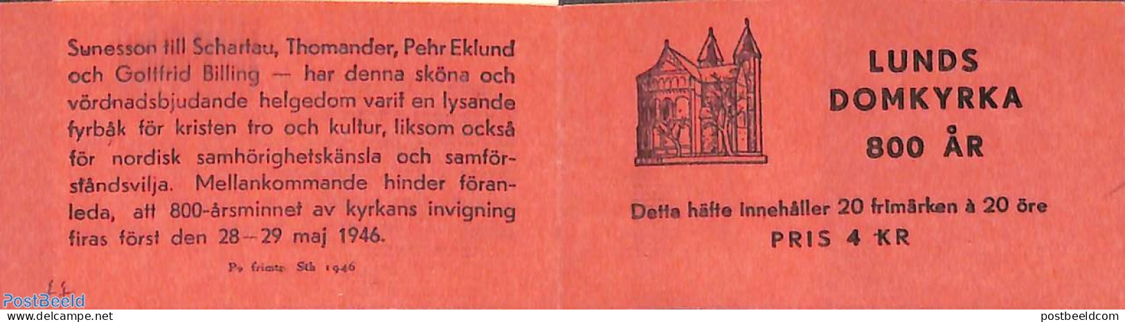 Sweden 1946 Lund Dom Church Booklet, Mint NH, Religion - Churches, Temples, Mosques, Synagogues - Stamp Booklets - Nuevos