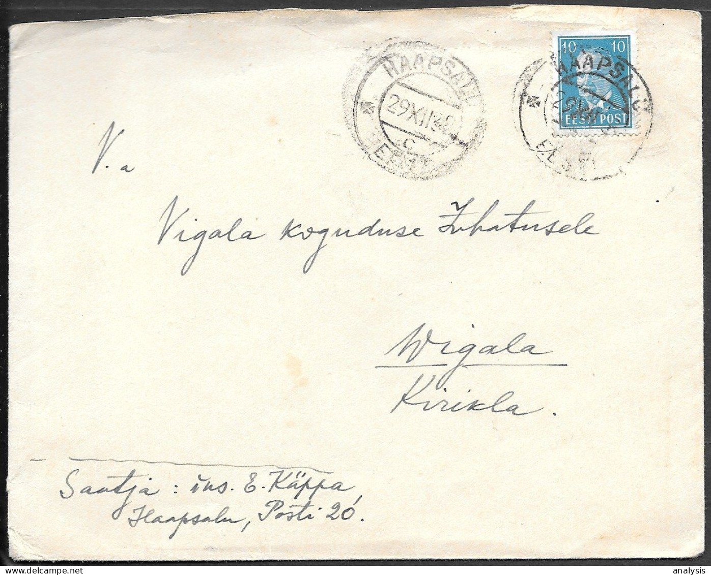 Estonia Haapsalu Postmarked Cover Mailed 1936. 10s President Paets Stamp - Estonia