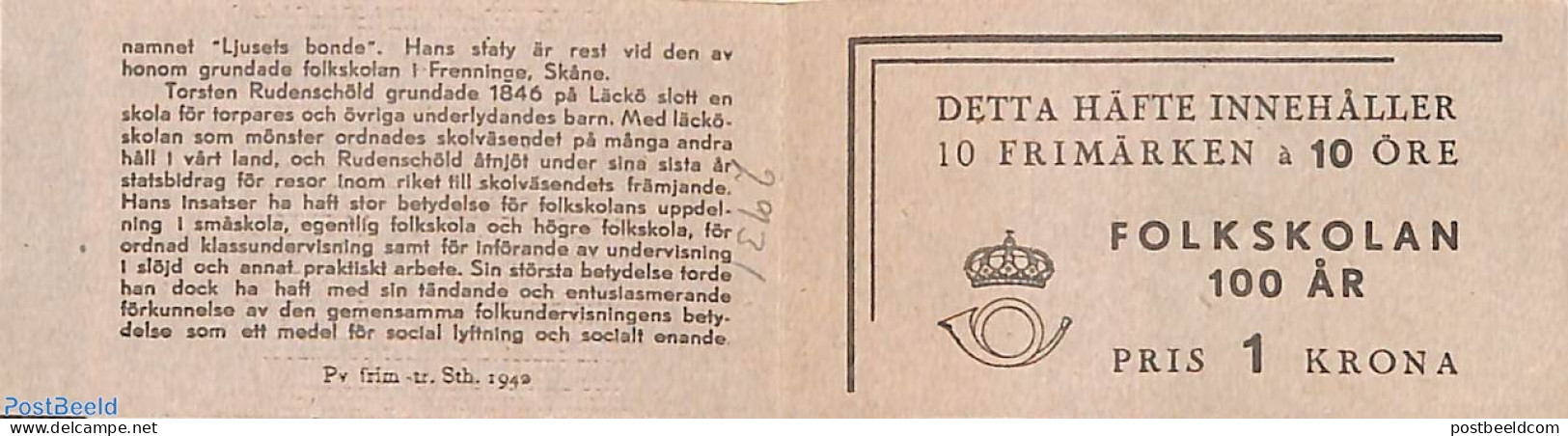 Sweden 1942 Folkschool, Type I (pointed Line), Mint NH, Science - Education - Stamp Booklets - Unused Stamps