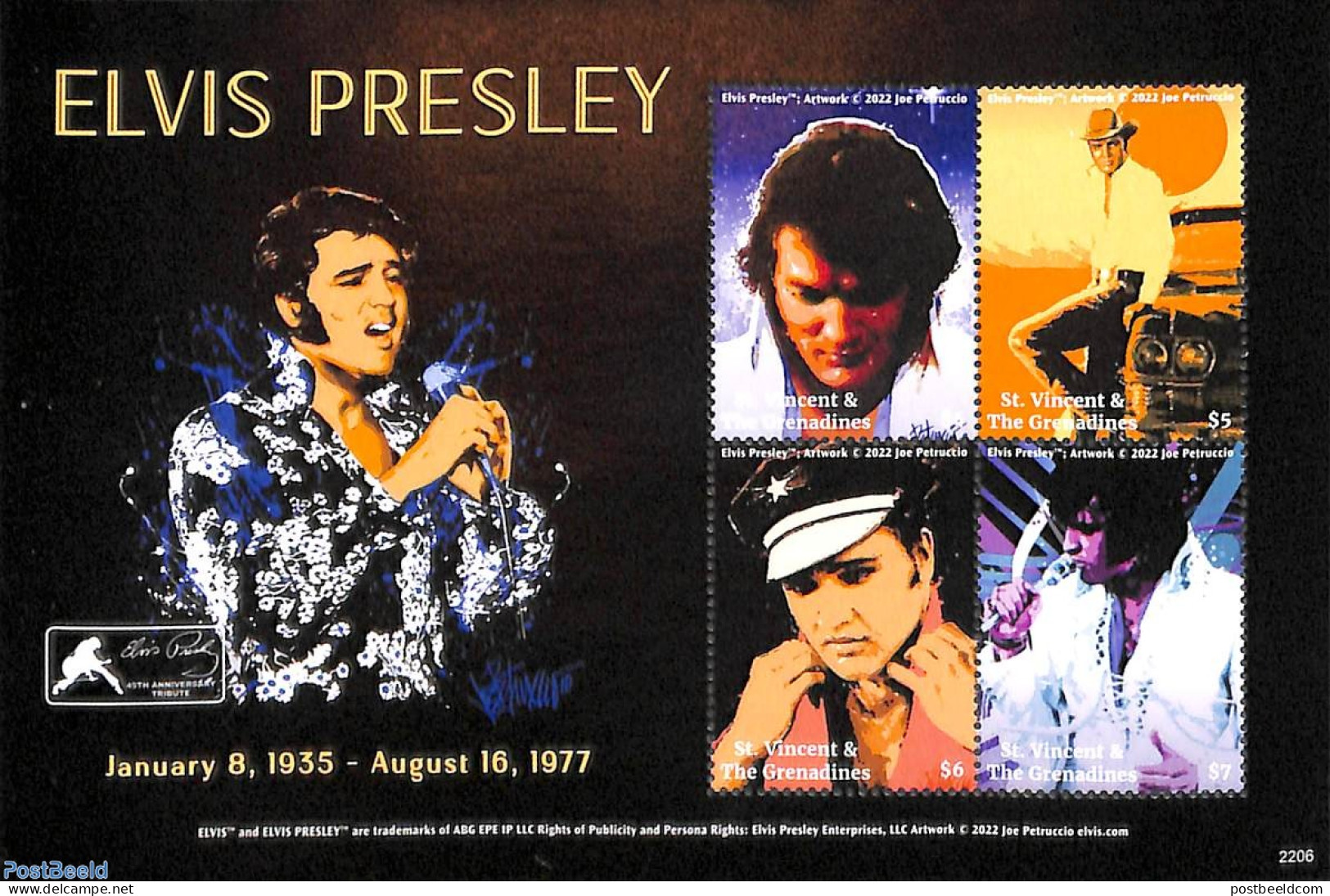 Saint Vincent 2022 Elvis Presley 4v M/s, Mint NH, Performance Art - Elvis Presley - Music - Popular Music - Elvis Presley