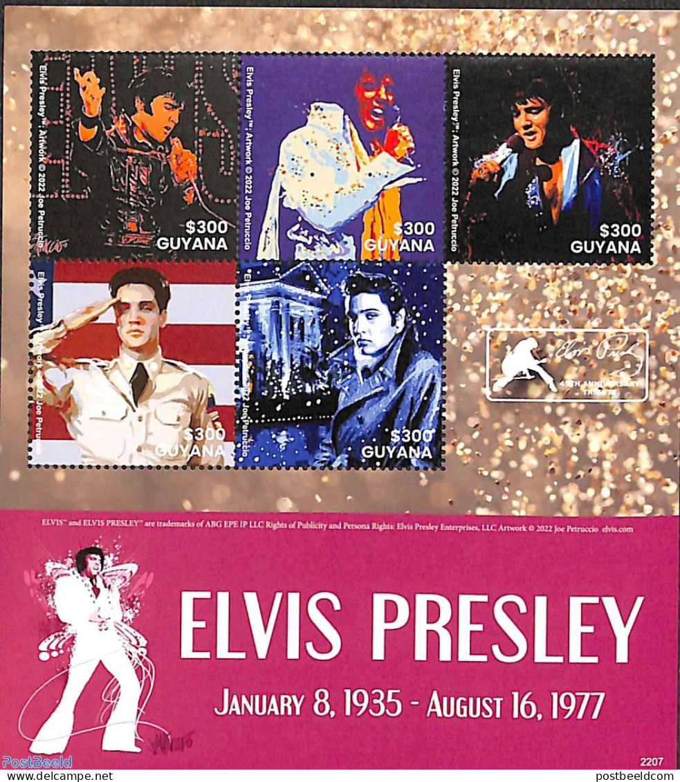 Guyana 2022 Elvis Presley 5v M/s, Mint NH, Performance Art - Elvis Presley - Music - Popular Music - Elvis Presley