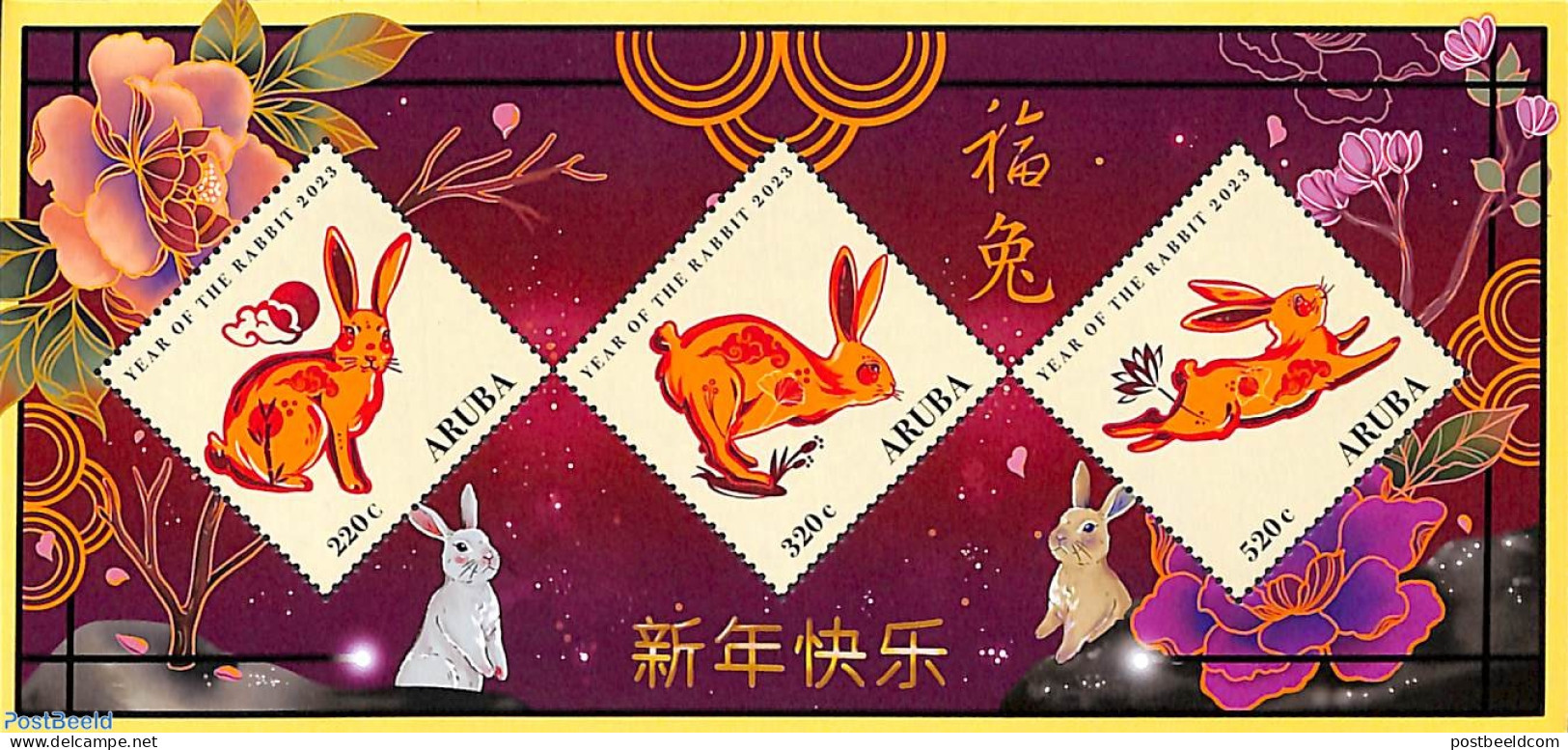 Aruba 2023 Year Of The Rabbit S/s, Mint NH, Nature - Various - Rabbits / Hares - New Year - New Year