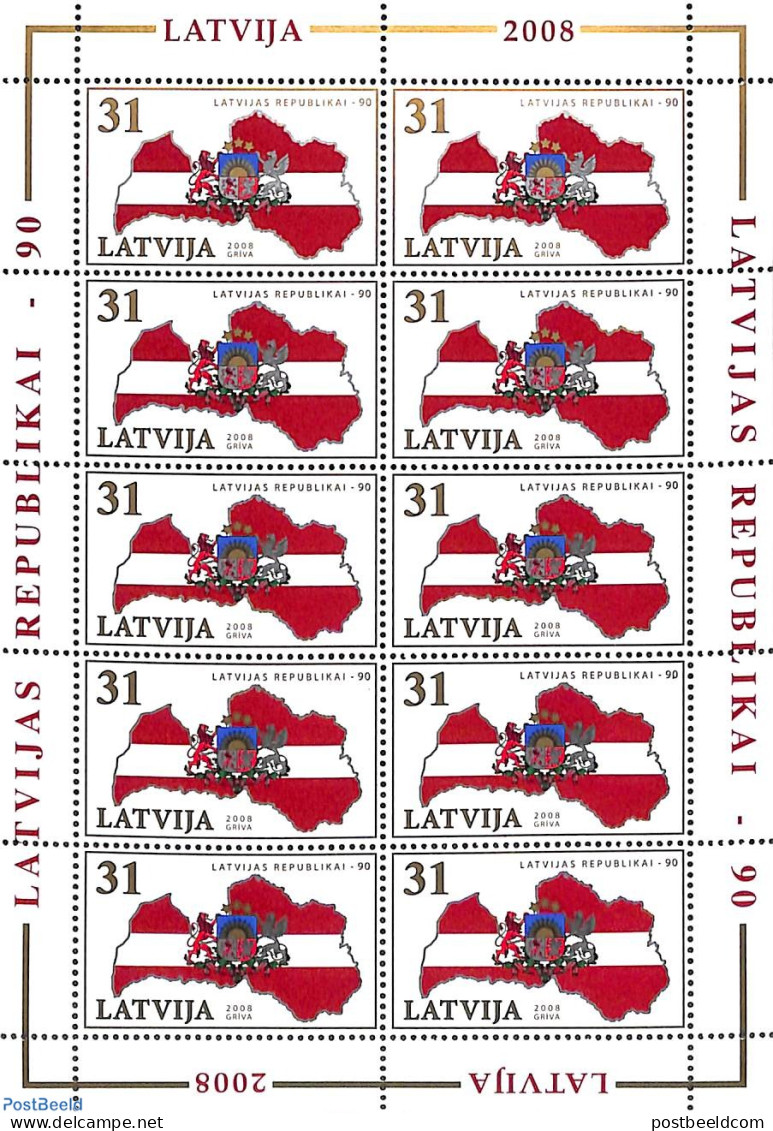 Latvia 2008 90 Years Republic M/s, Mint NH, History - Various - Coat Of Arms - Maps - Geography