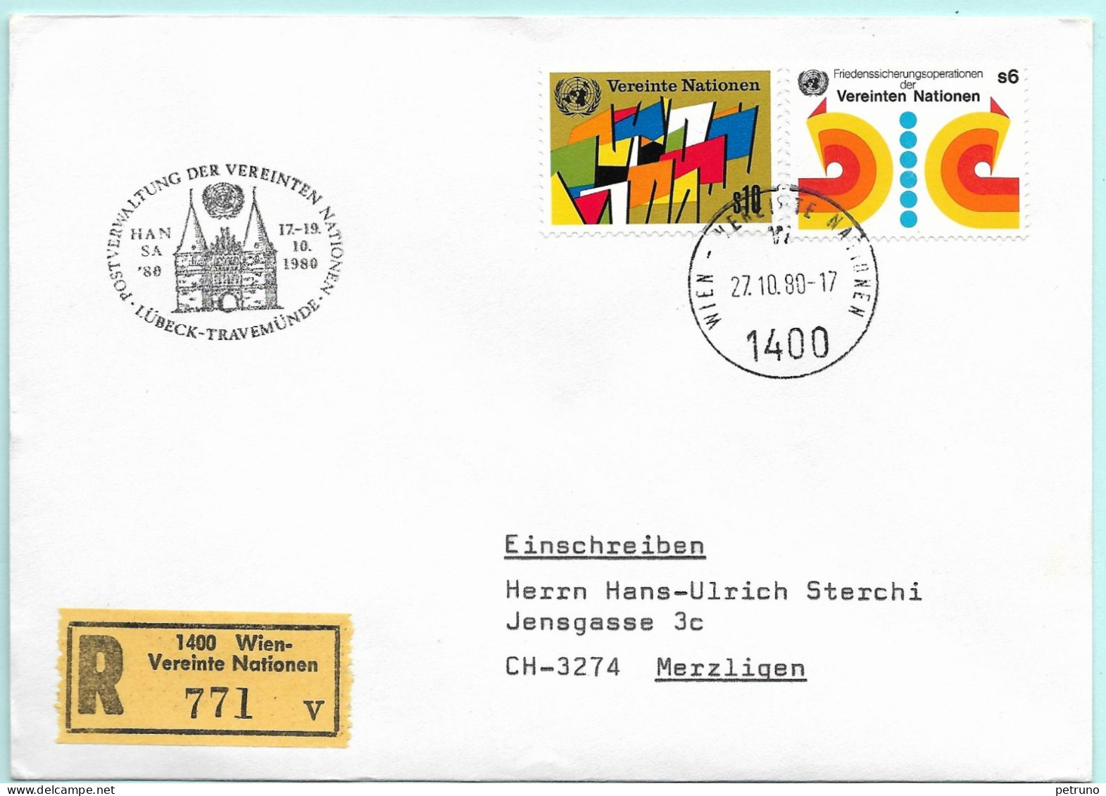 UNO-Wien R-Brief Hansa 80 Lübeck-Travemünde D Erinnerungsstempel MI-No 08 - Storia Postale