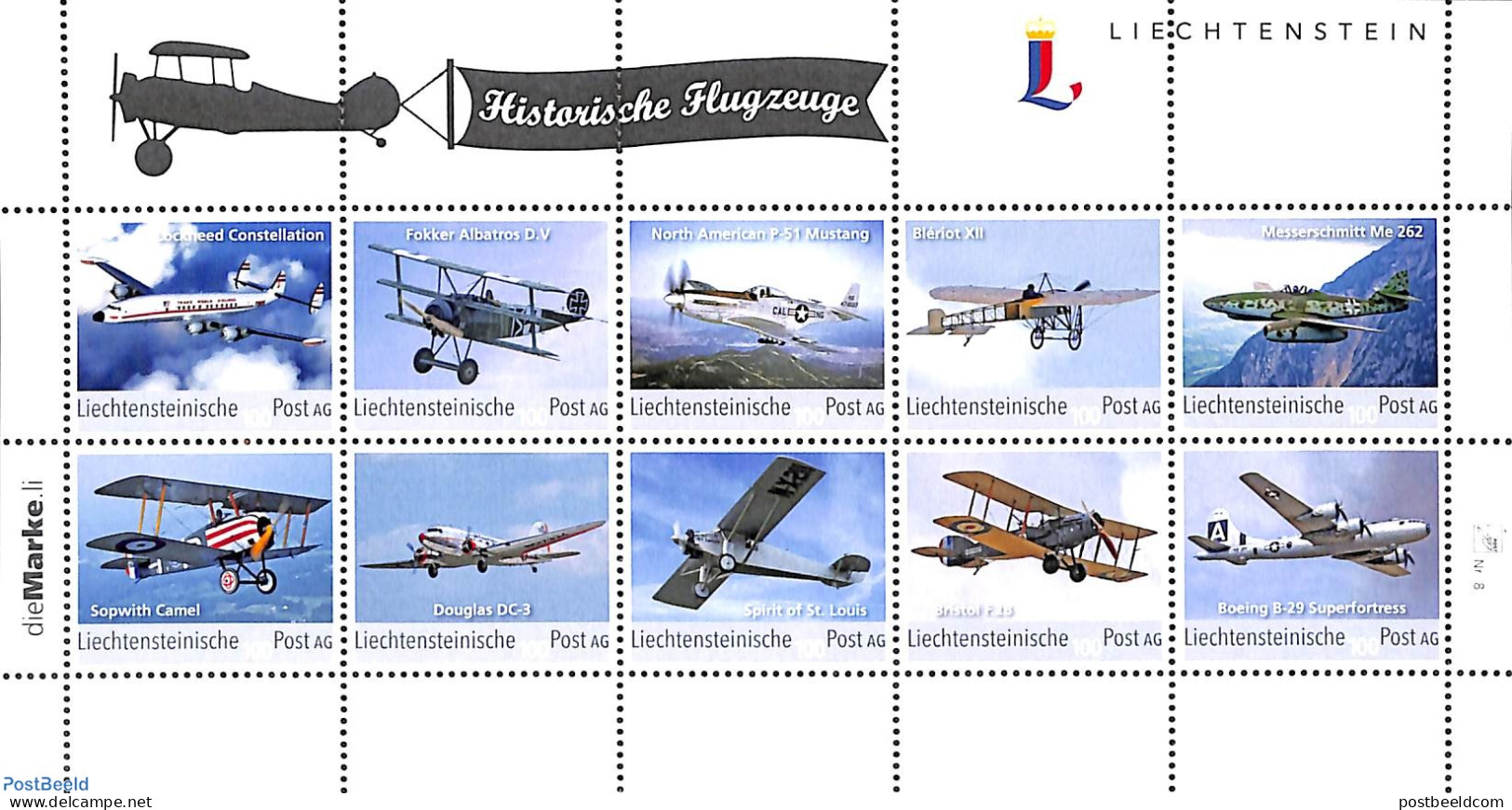 Liechtenstein 2017 Historical Planes 10v M/s (pers. Stamps No. 8), Mint NH, Transport - Fokker Airplanes - Aircraft & .. - Ungebraucht