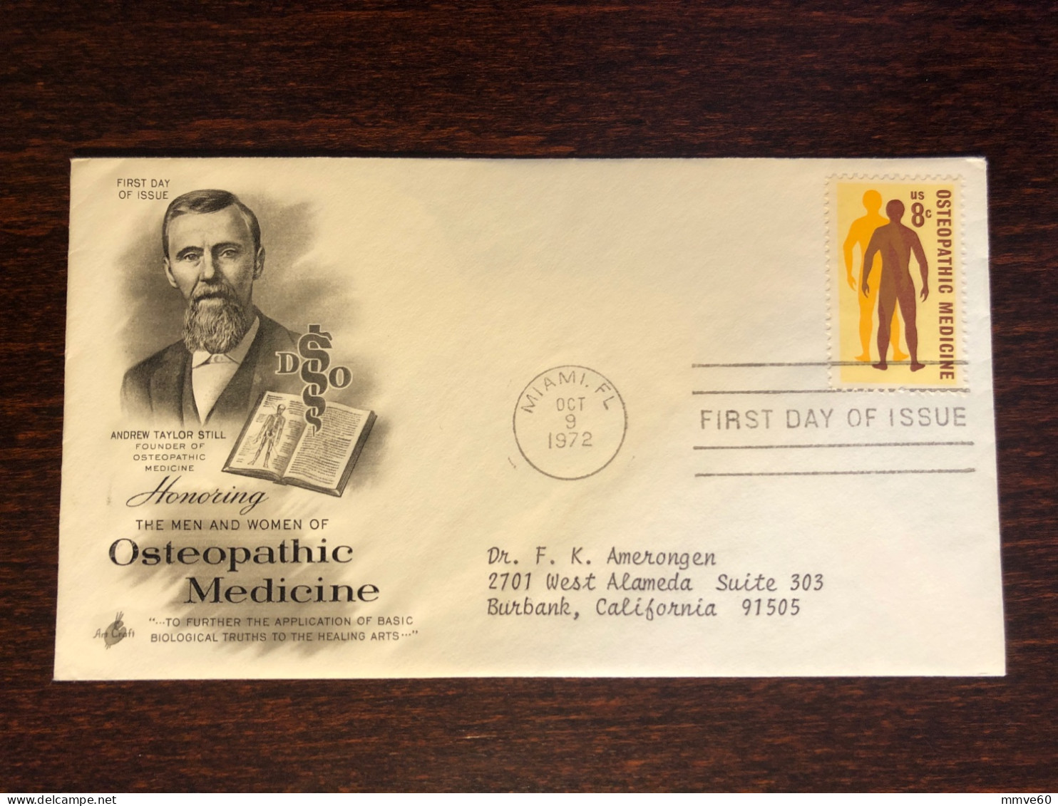 USA FDC COVER 1972 YEAR DOCTOR STILL OSTEOPATHIC HEALTH MEDICINE STAMPS - 1971-1980